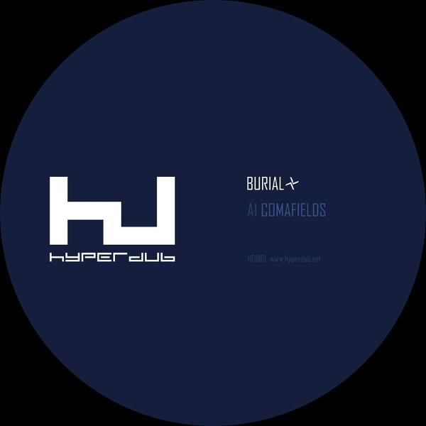 Dunkelblauer Kreis mit weißem Logo und Text. 'Burial' und 'AI Comafields' werden angezeigt. 'Hyperdub'-Logo unten.