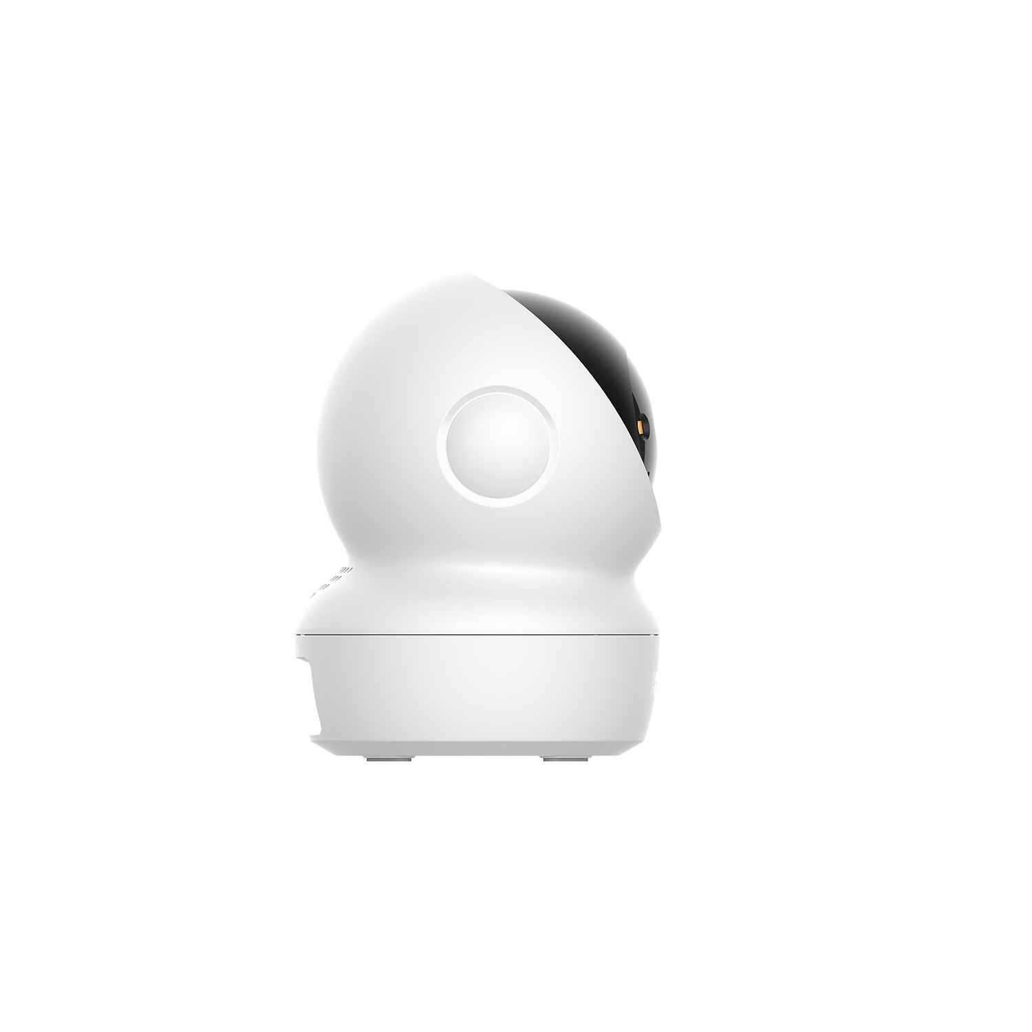 Une caméra de sécurité blanche avec un objectif noir. La caméra est sur fond noir. Elle a un bouton rond.