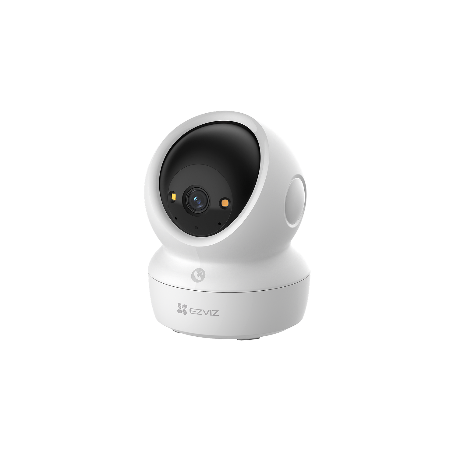 Une caméra de sécurité blanche avec un objectif en dôme noir. Elle porte le logo EZVIZ en bas. Le fond est blanc avec un effet pointillé.