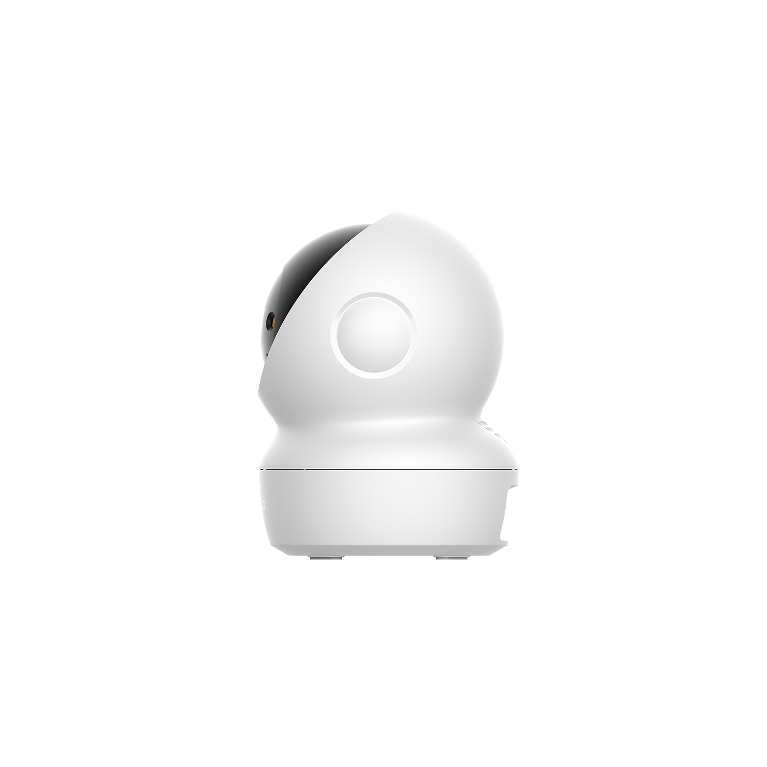 Caméra de sécurité blanche en forme de dôme, dessus noir et lentille circulaire, sur fond noir.