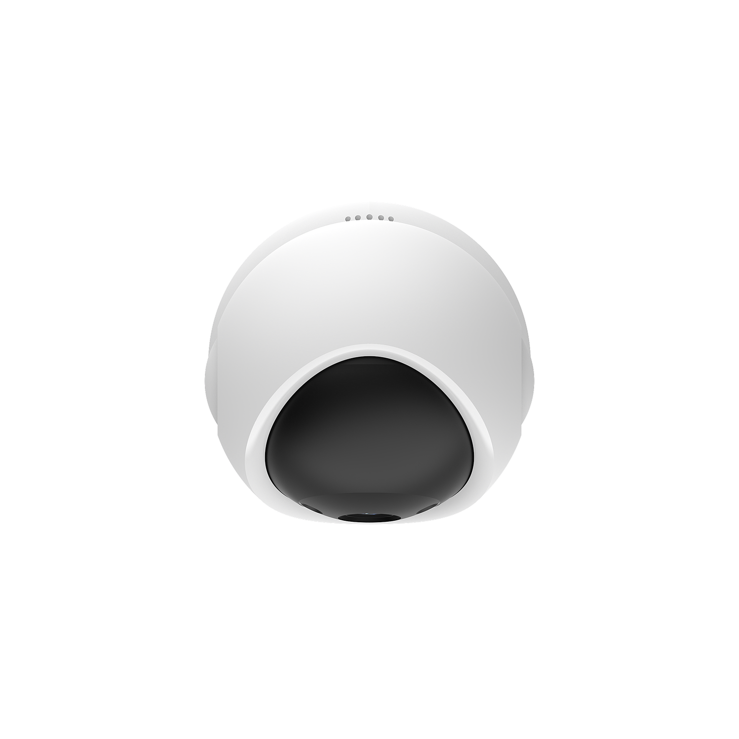 Une caméra de sécurité blanche en forme de dôme avec un objectif noir est centrée sur un fond blanc. La caméra a de petites lumières indicatrices.