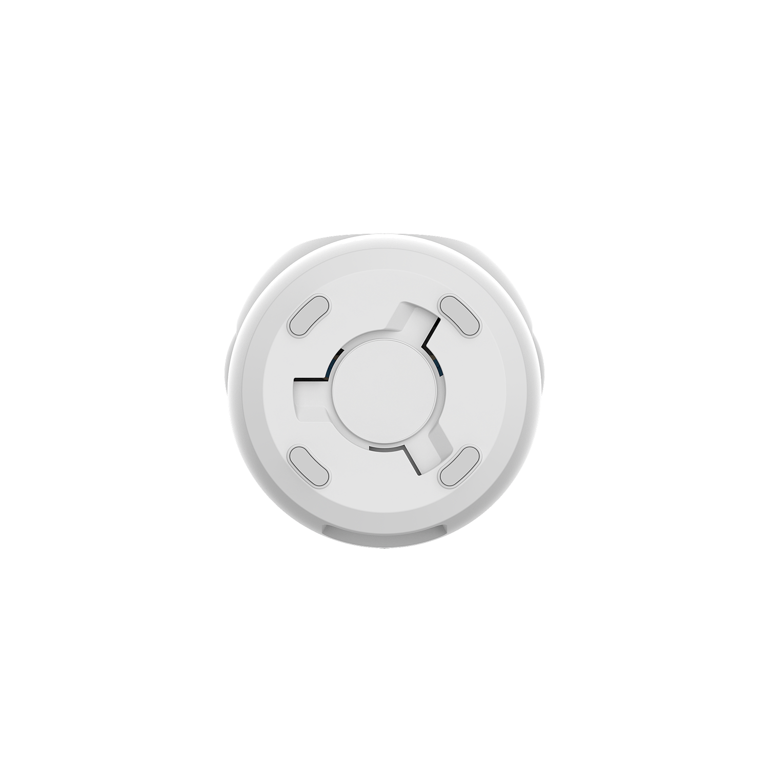 Un appareil blanc et circulaire avec plusieurs petits trous et un bouton central sur fond noir, vue de dessus.