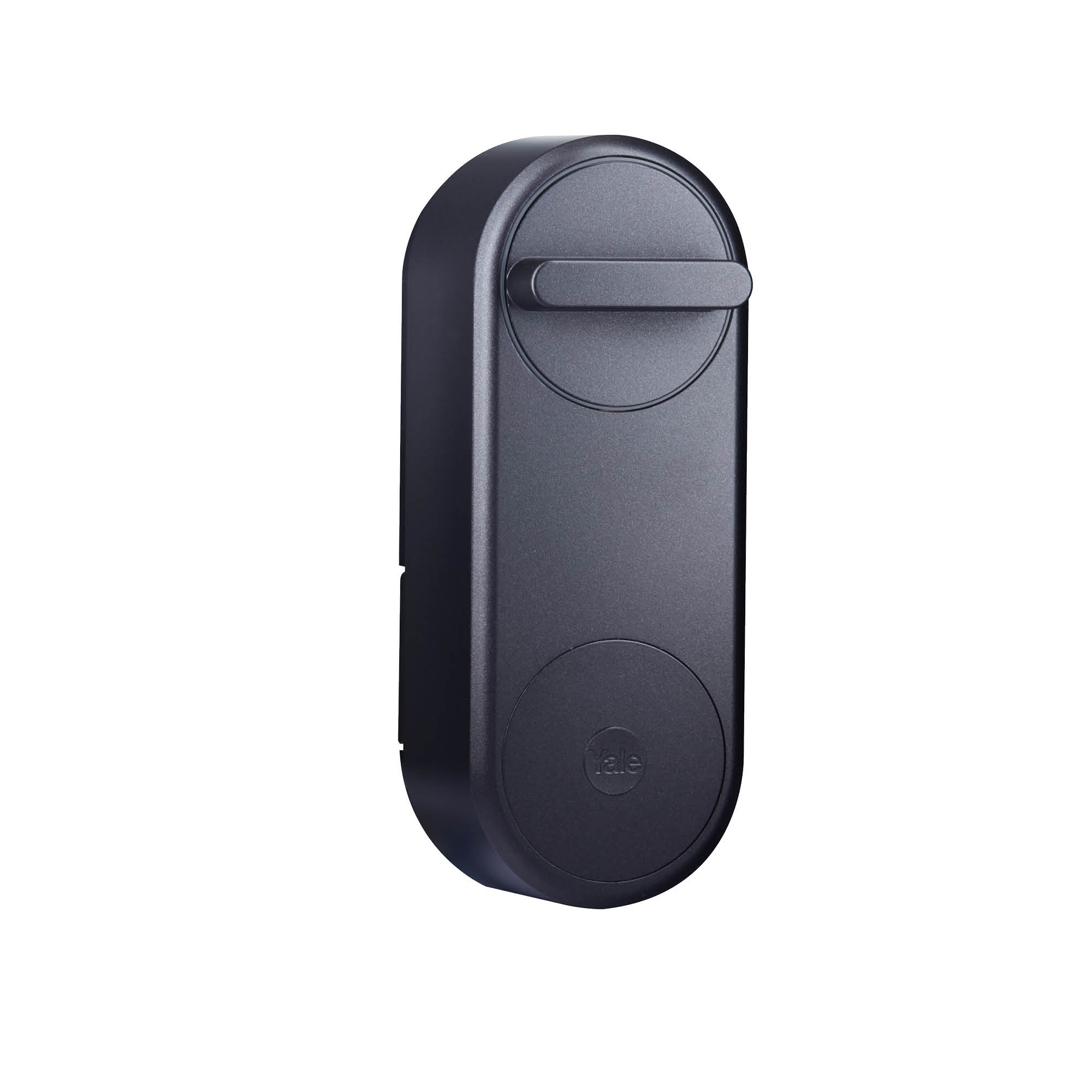 Ein schwarzes Yale Smart Lock vor weißem Hintergrund. Es hat einen runden Boden und einen Griff oben.