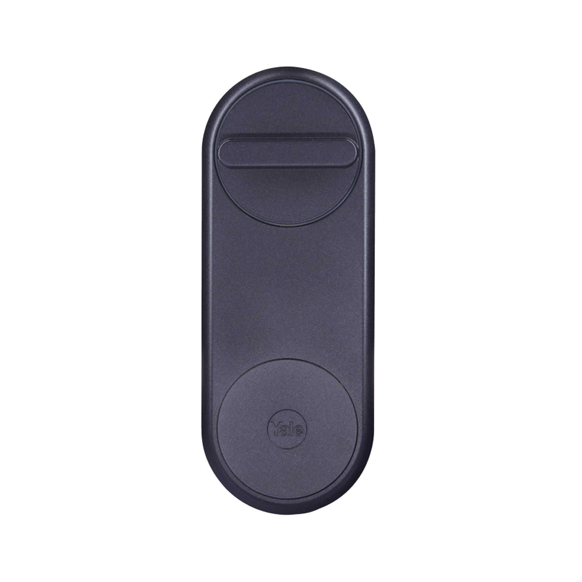Ein schwarzes Yale Smart Lock. Es hat eine glatte Oberfläche. Das Design ist oval und hat einen Knopf und einen runden Bereich mit dem Logo.