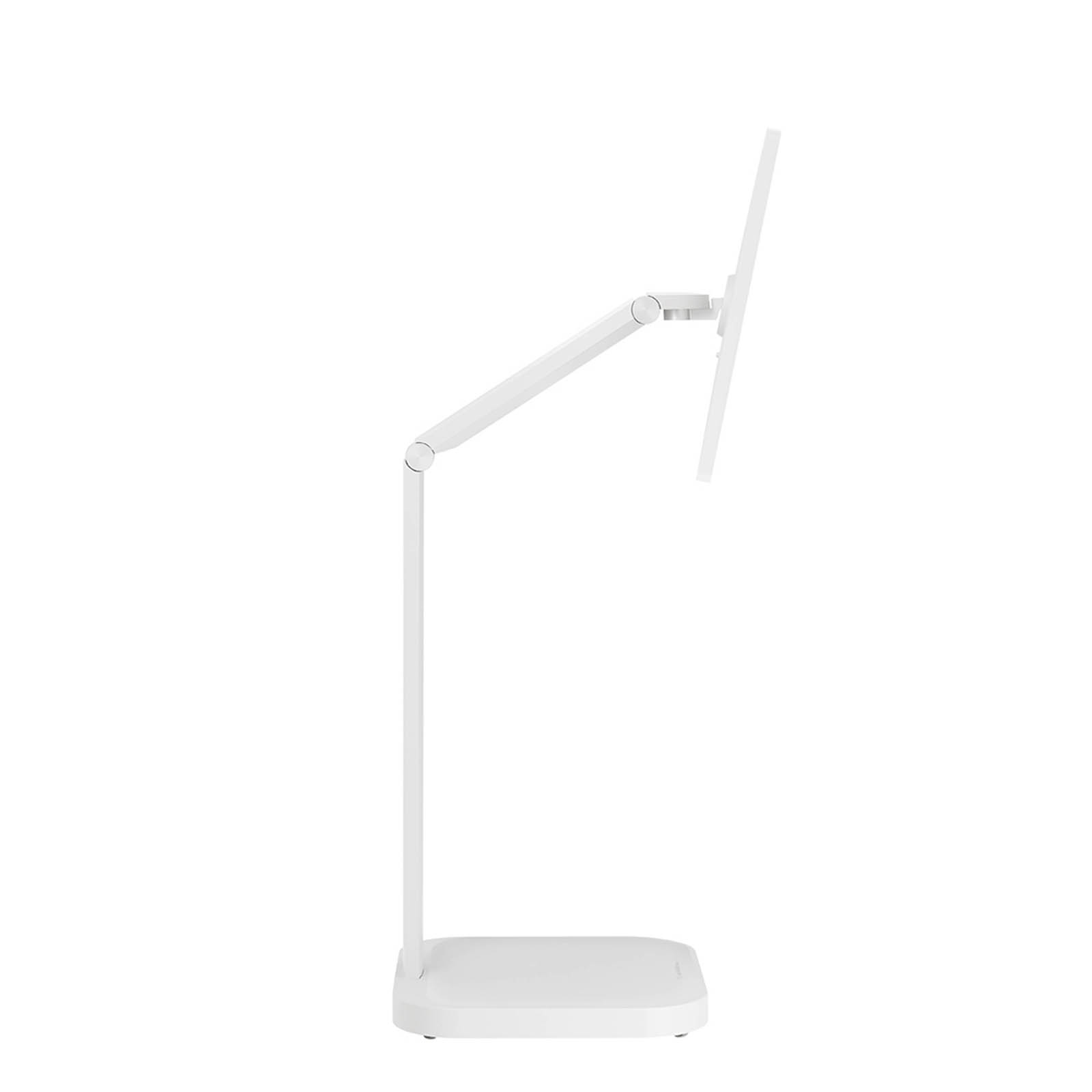 Un support d'écran blanc. La base est rectangulaire. Il a un bras réglable et un écran attaché.