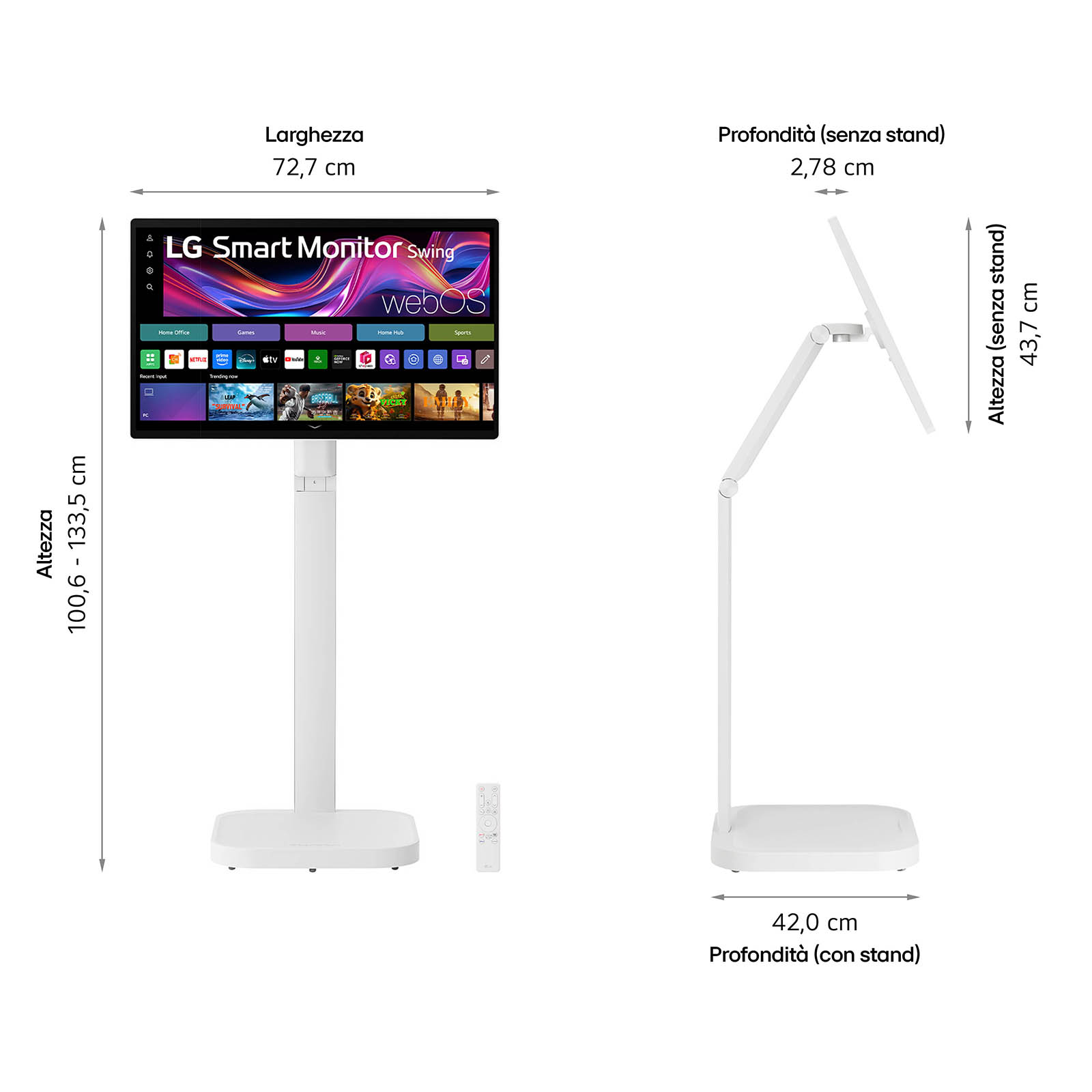 Un LG Smart Monitor Swing avec un support blanc. Dimensions affichées. Télécommande en bas.