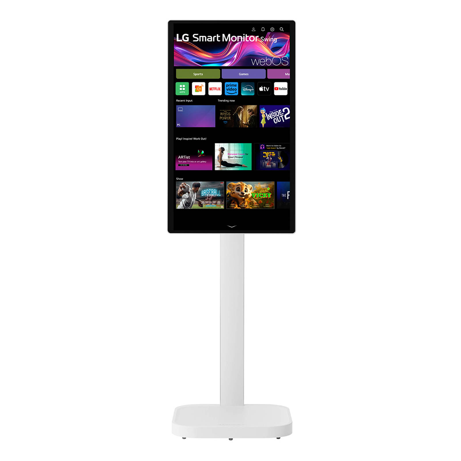 Moniteur intelligent LG blanc sur pied, affichant une interface webOS avec des icônes d'applications et des aperçus d'émissions.