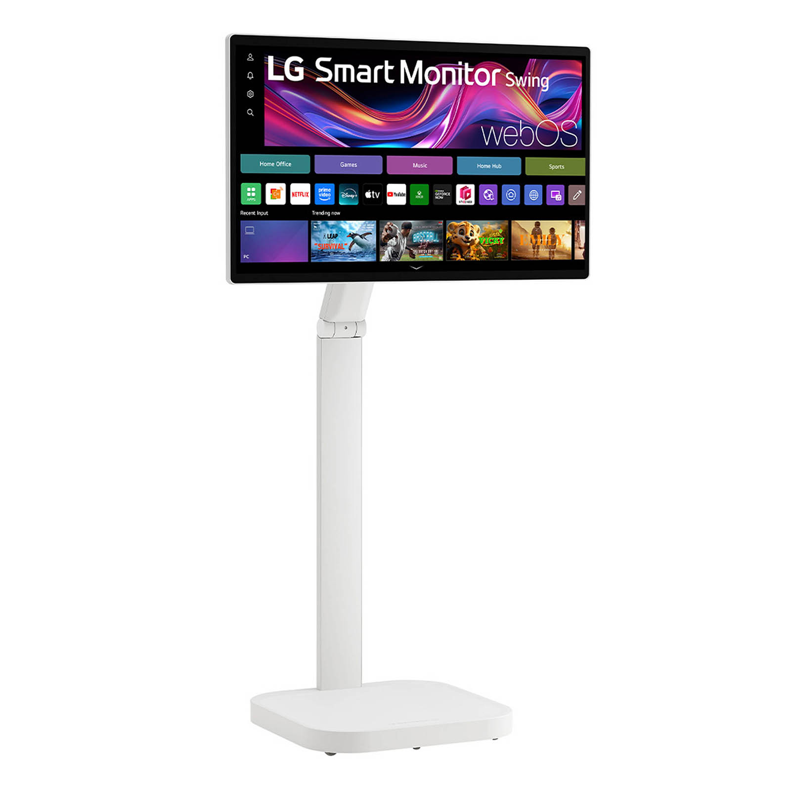 Moniteur LG Smart Swing sur pied blanc. L'écran affiche applis et contenu. Le pied est blanc, avec base carrée.
