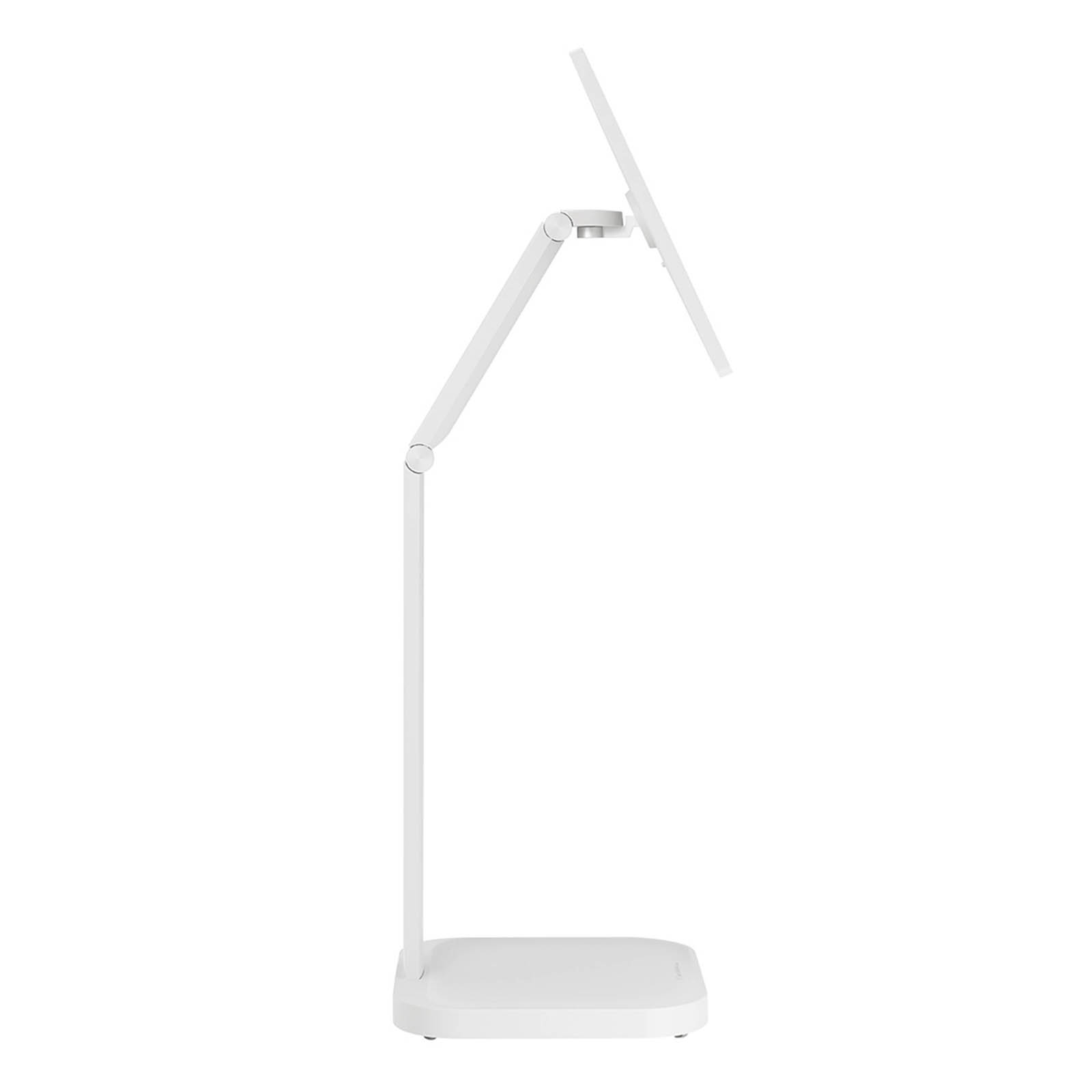 Un support de tablette blanc. Il a une base, un bras vertical et un support incliné, tout blanc.