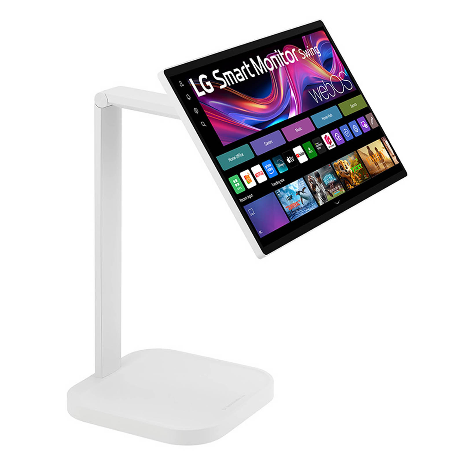 Un moniteur intelligent LG blanc sur un support blanc. L'écran affiche des applications et a une interface WebOS.