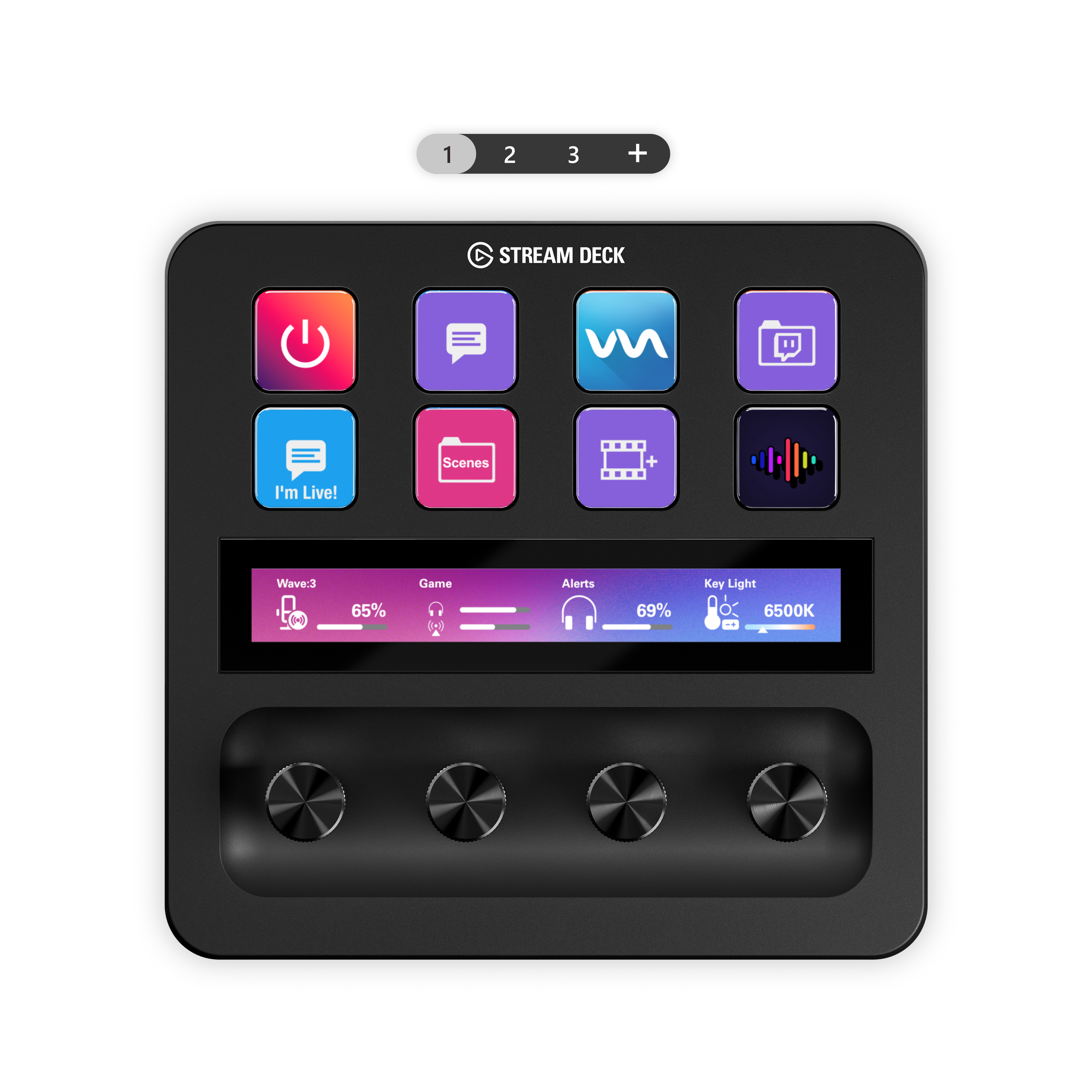 Stream Deck-Bedienfeld mit Tasten und einem Display mit Einstellungen. Knöpfe befinden sich unten.