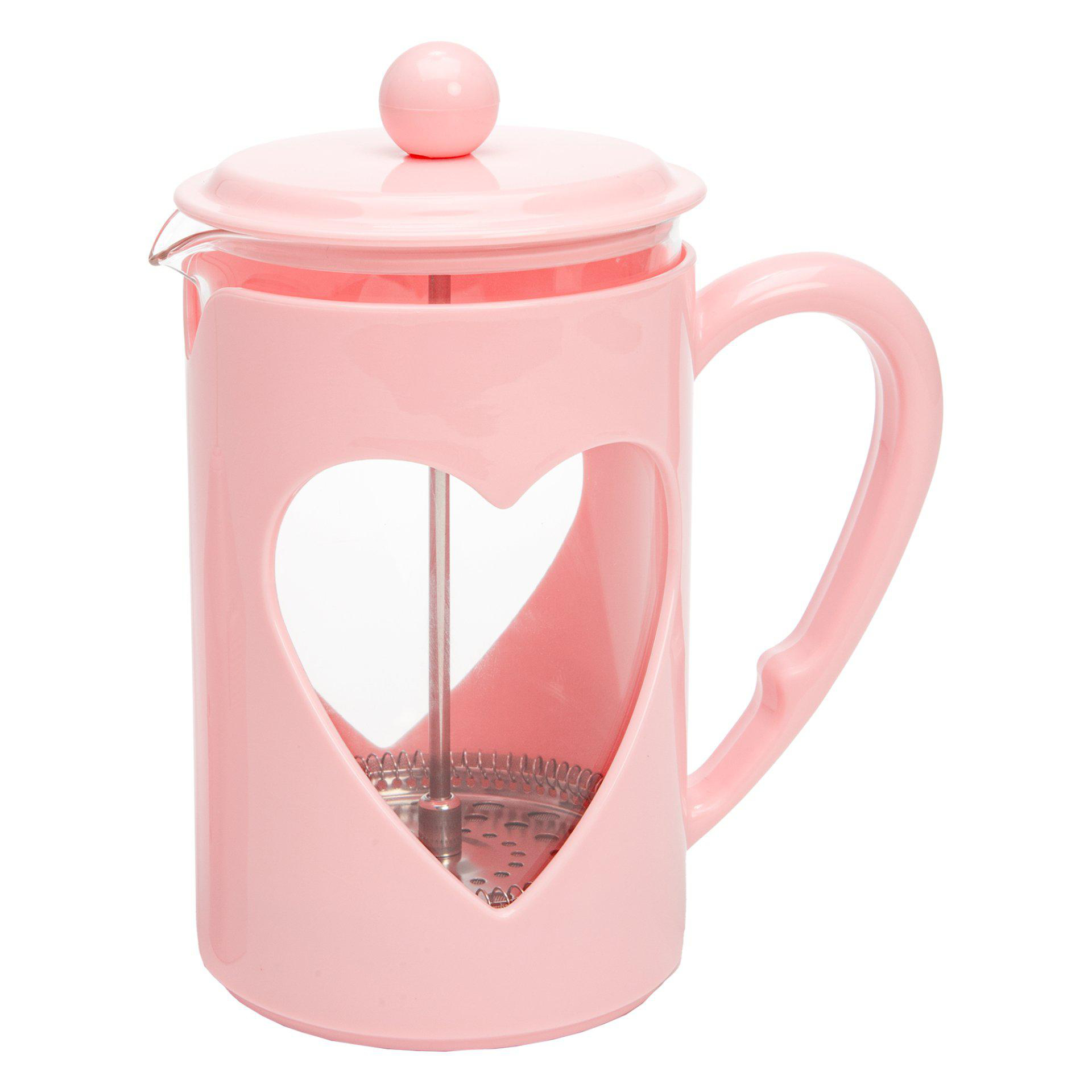 Ein rosa Kaffeebereiter mit herzförmigem Ausschnitt. Er hat einen Griff, einen Deckel und einen Kolben. Isoliert auf Weiß.