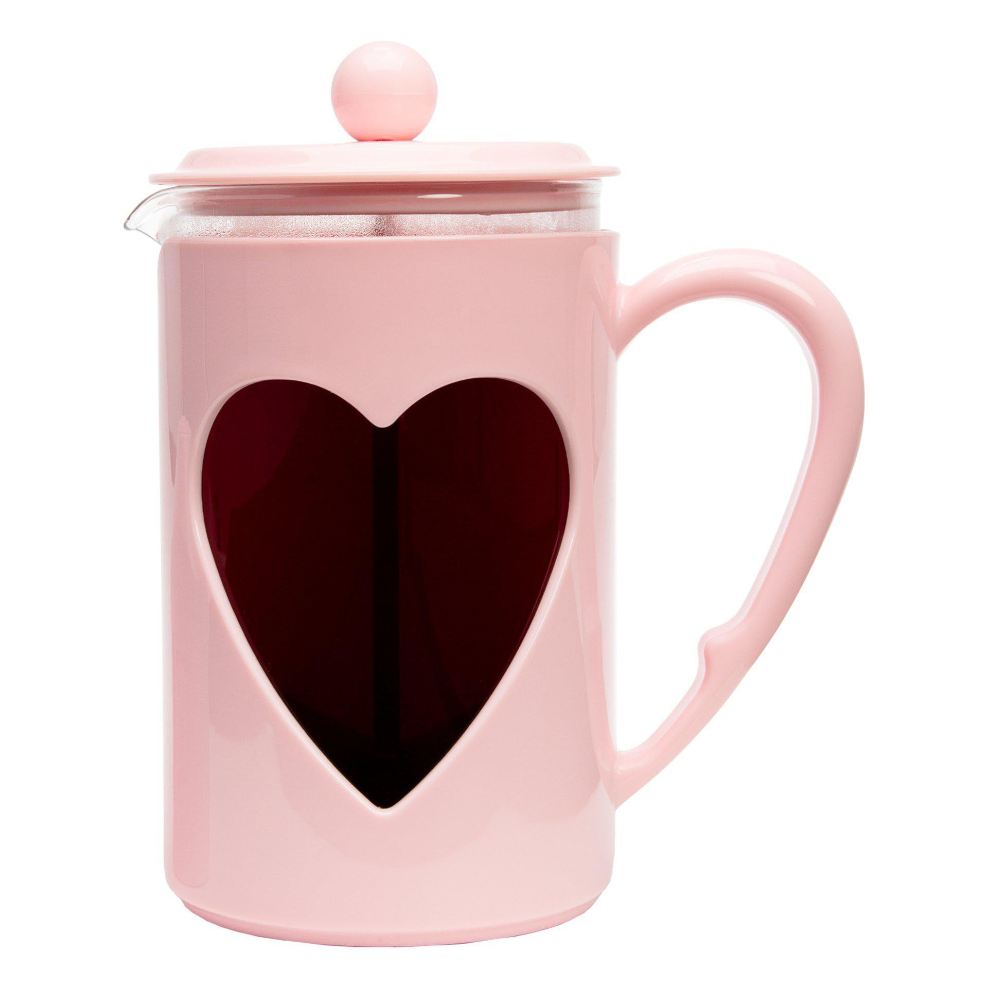 Eine rosa French Press mit herzförmigem Ausschnitt. Sie hat einen Griff, einen Deckel und einen Knauf, alles in Rosa.