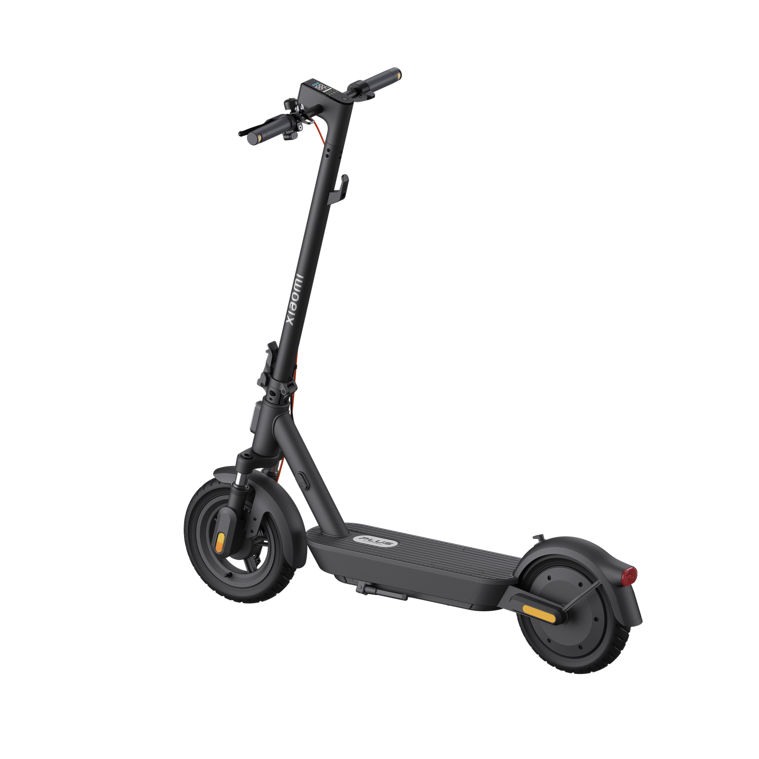 Black electric scooter on black background. It has orange accents and a display. The brand is Xiaomi.