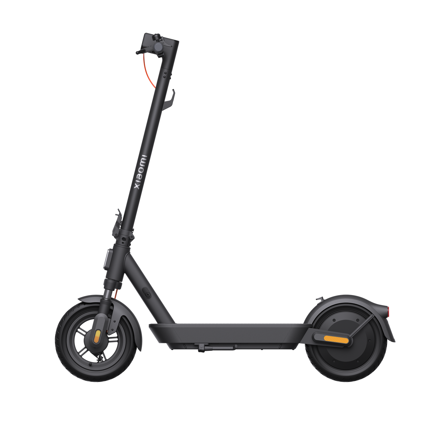 A black Xiaomi electric scooter is on a black background. It has orange accents on the wheels and stem. The brand name is visible.