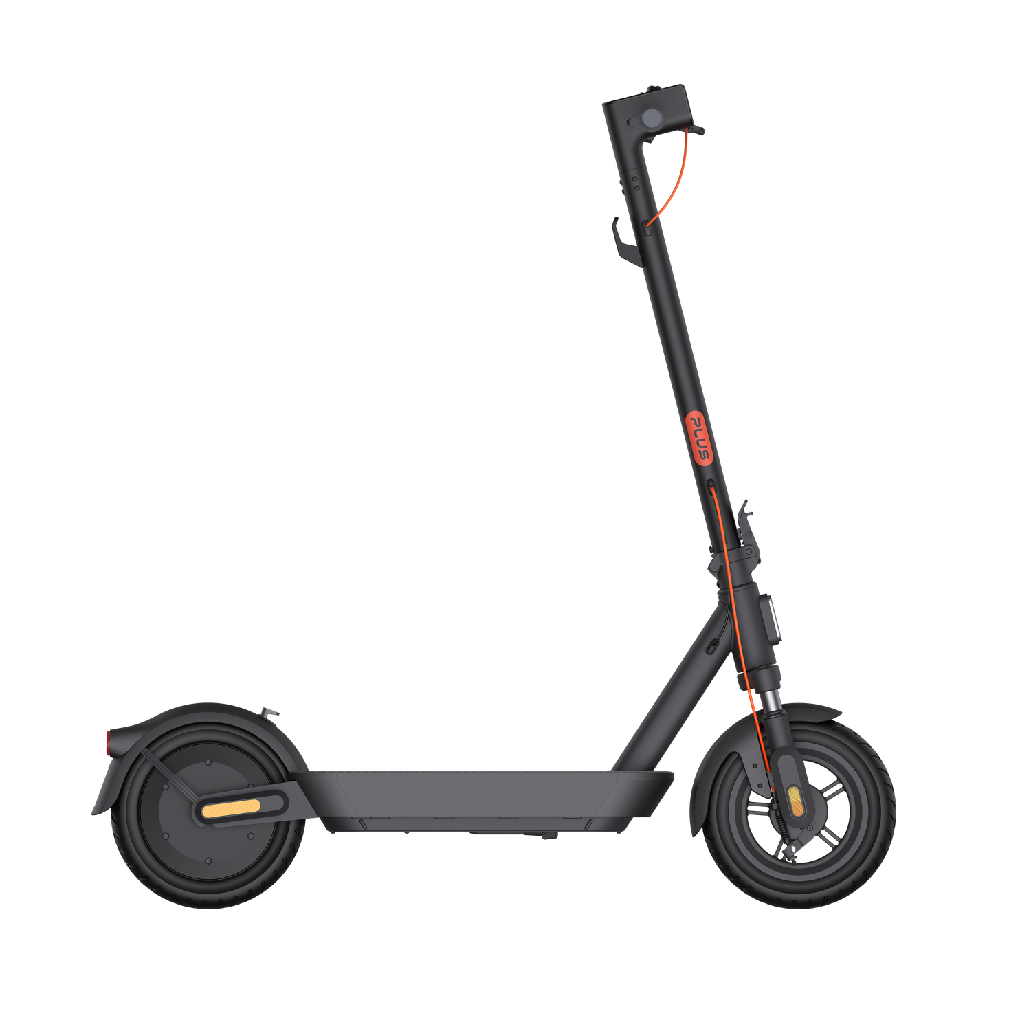 A black electric scooter with orange accents and the word 'PLUS' on the stem. The scooter is on a black background.