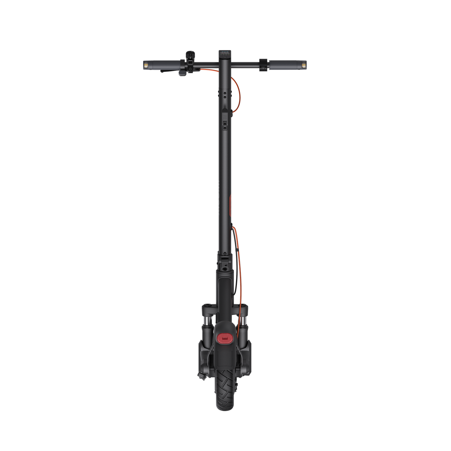 Black electric scooter on a black background. Orange cable and red accents are visible. Handlebars are at the top.
