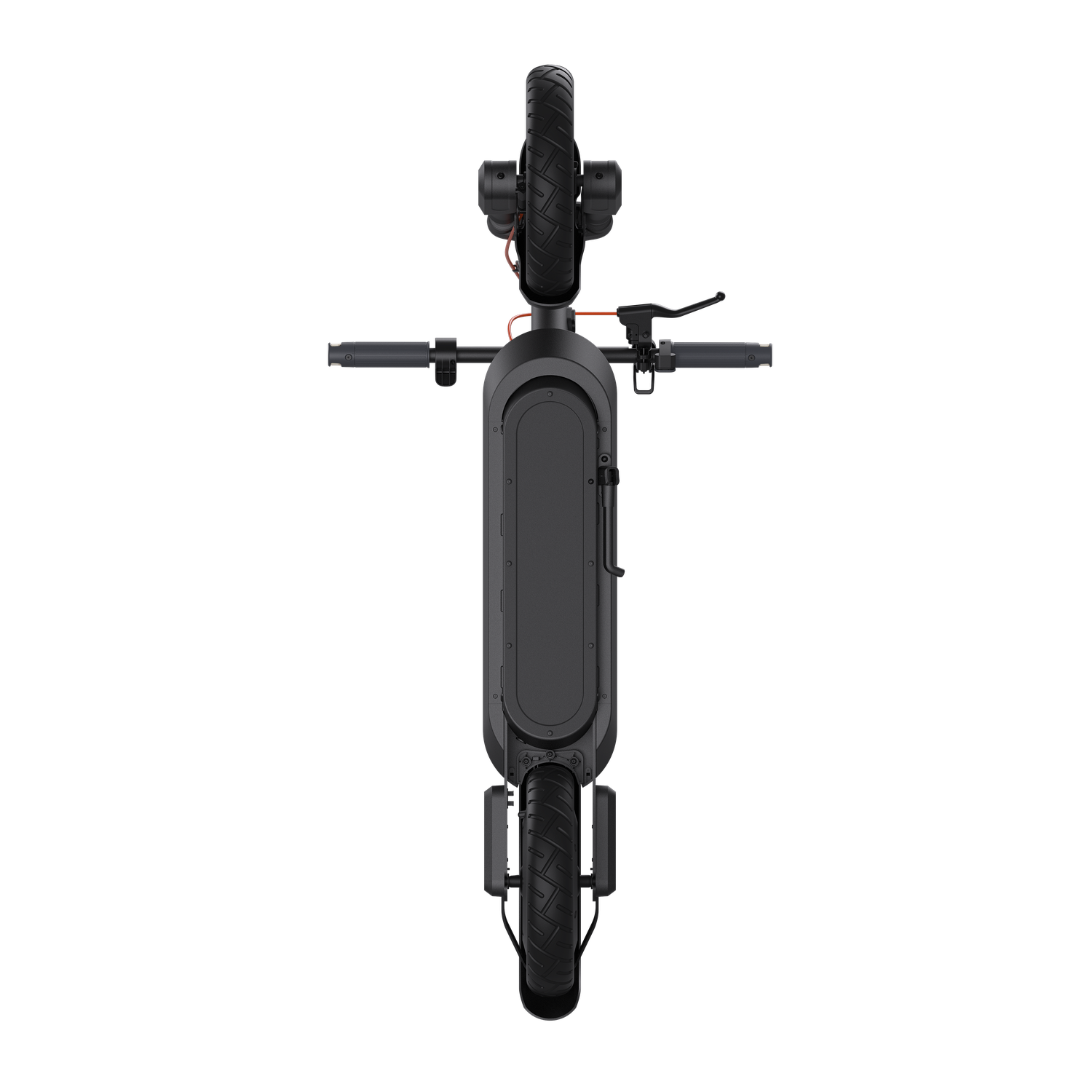 Top-down view of a black electric scooter. Visible are the handlebars, wheels, and frame against a black background.