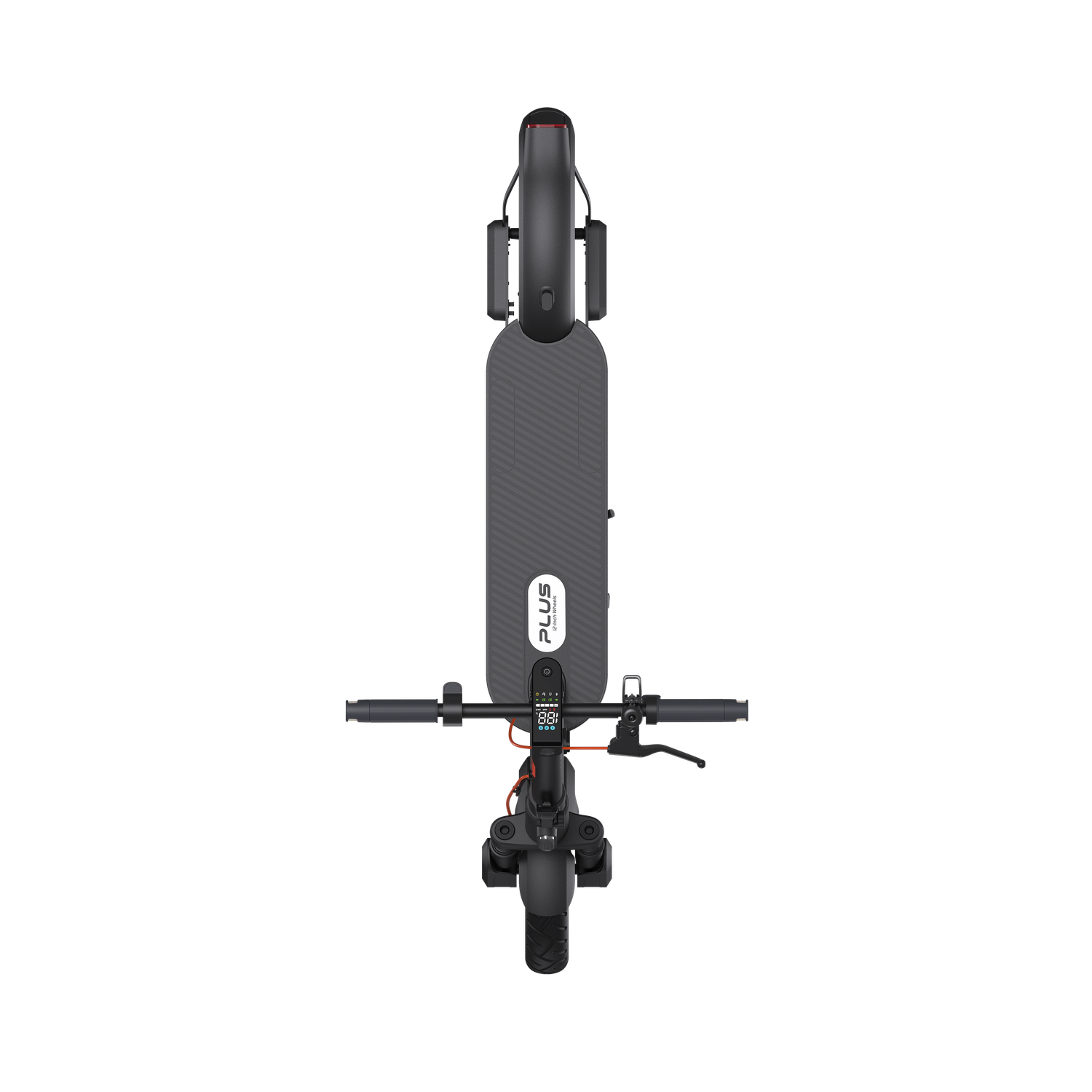 Top view of a black electric scooter. It has a display, handlebars, and a footboard with the word 'PLUS' on it.