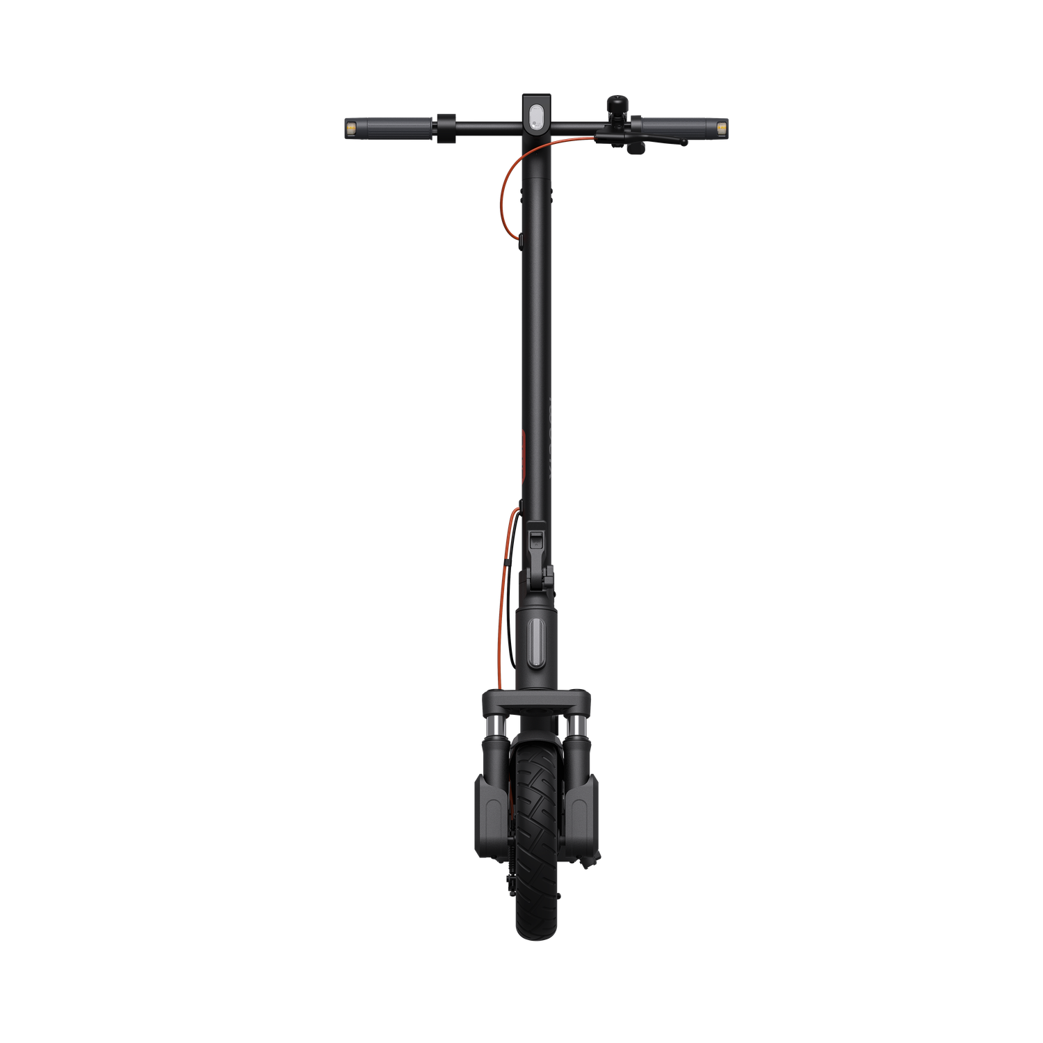 Black electric scooter against a black background. Orange cable runs along the steering column. The tires are black.