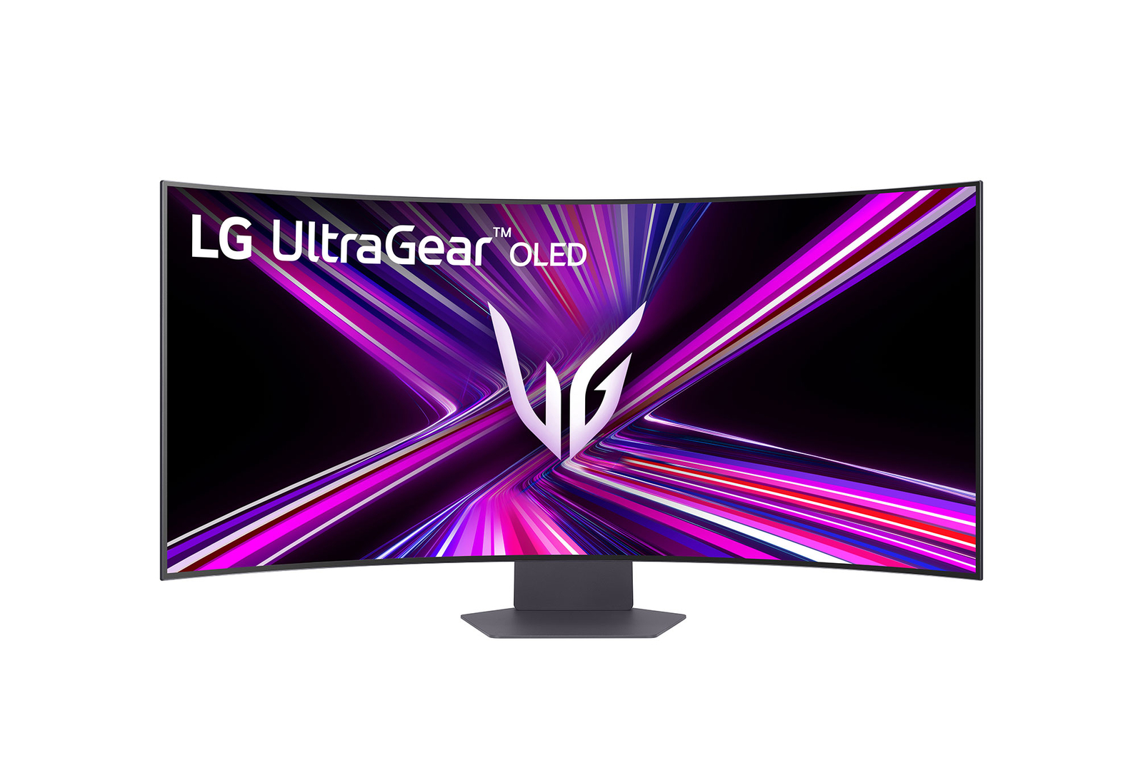 Ein gekrümmter LG UltraGear OLED-Monitor. Merkmale: Schwarzer Bildschirm, lila-weißes Design und dunkelgrauer Standfuß.