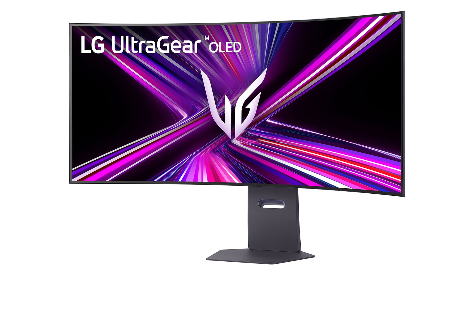Ein gebogener LG UltraGear OLED-Monitor. Der Bildschirm zeigt ein farbenfrohes abstraktes Design. Er ist auf einem dunkelgrauen Ständer montiert.