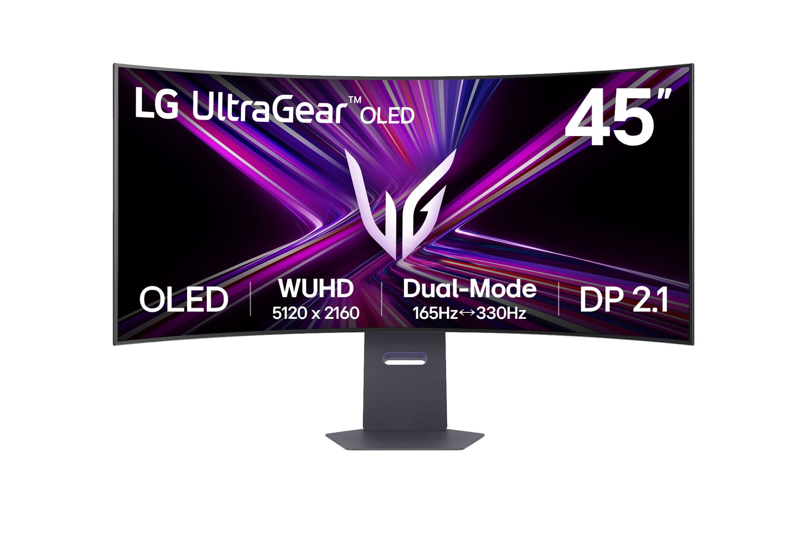 LG UltraGear OLED Monitor. Der gebogene Bildschirm zeigt ein lilafarbenes Design, 45 Zoll Größe und technische Daten wie WUDH und Dual-Mode.