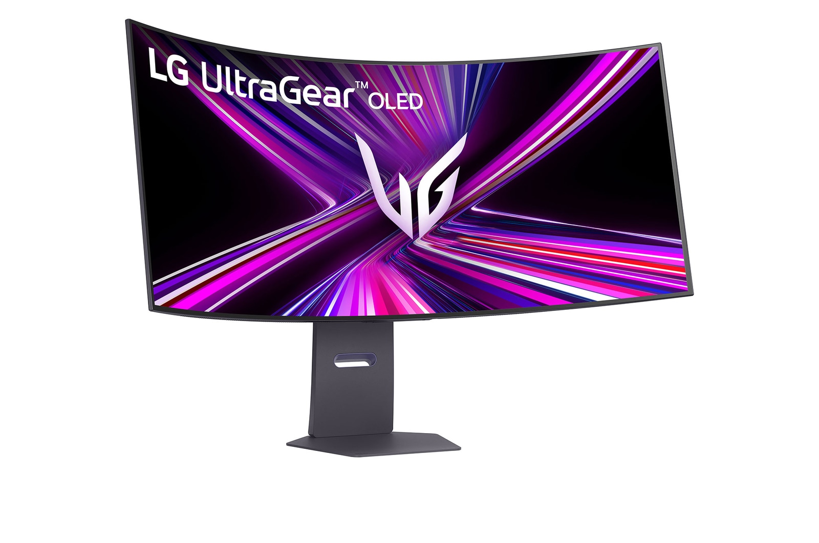 Gebogener LG UltraGear OLED-Monitor. Anzeige zeigt lila und weiße Streifen. Dunkelgrauer Ständer und Sockel.