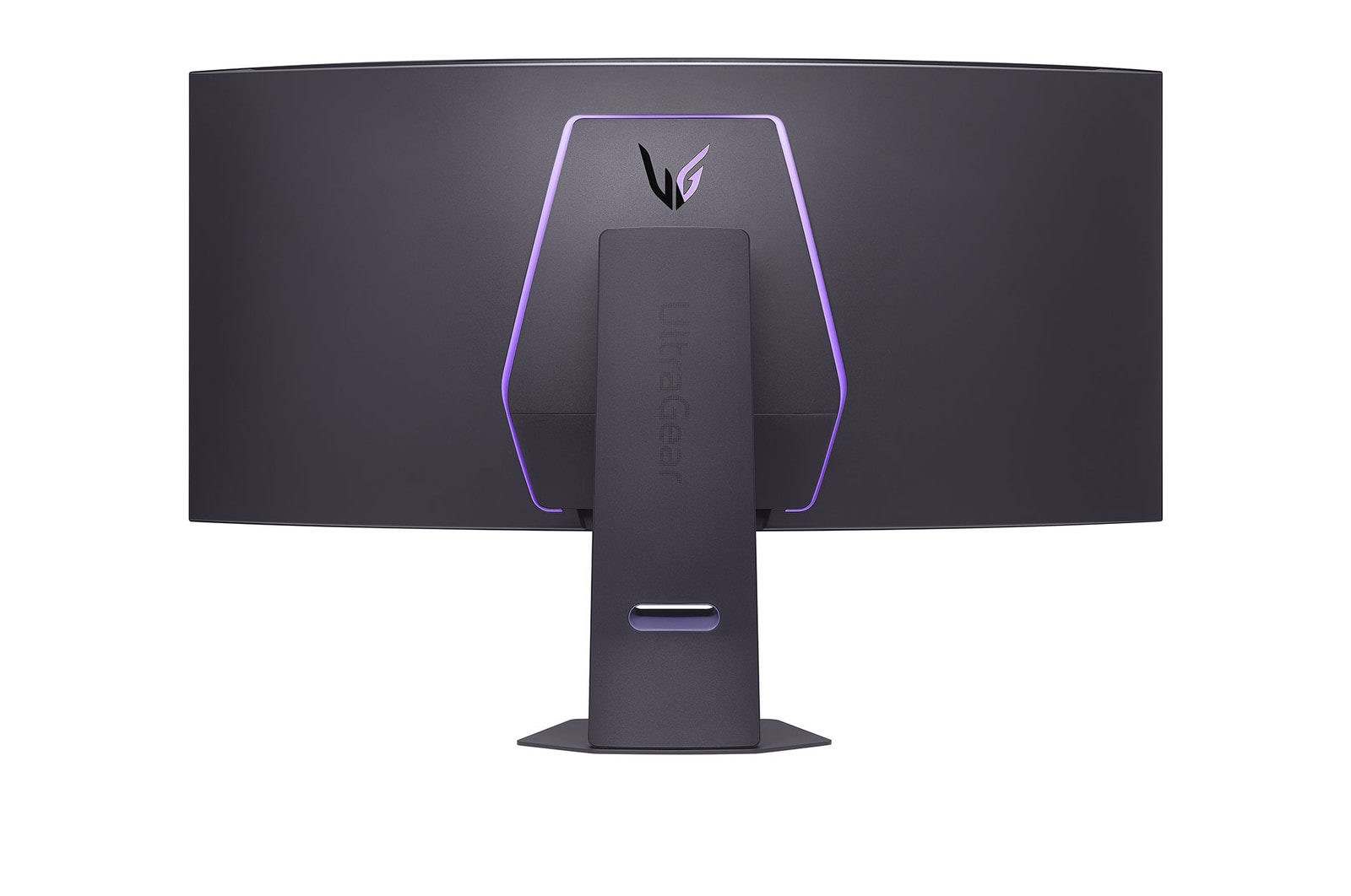Rückansicht eines dunklen Monitors. LG-Logo und UltraGear-Text sind sichtbar. Lila Licht umrandet die Kanten des Monitors.