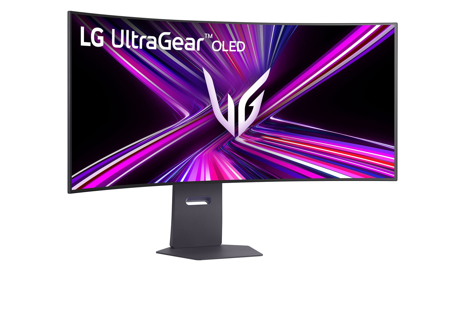 Gebogener LG UltraGear OLED-Monitor. Der Bildschirm zeigt ein abstraktes Design in Lila und Weiß. Der Monitor steht auf einem schwarzen Ständer.
