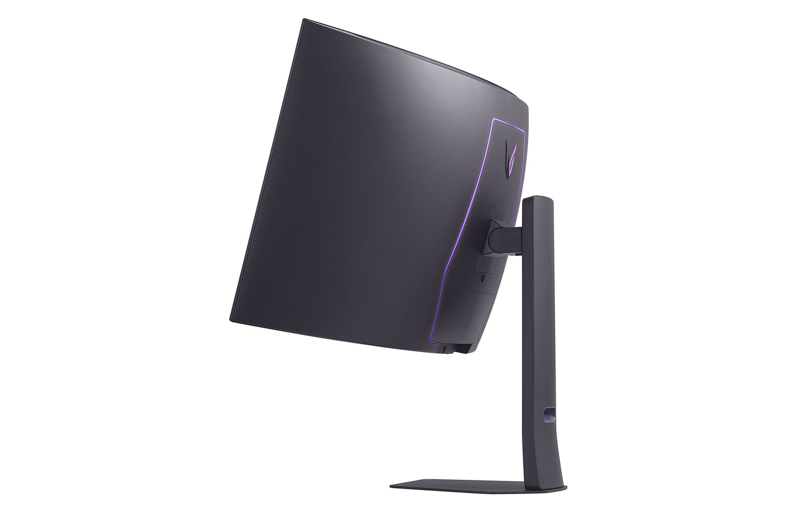 Ein gebogener schwarzer Computermonitor mit Ständer vor weißem Hintergrund. Er hat ein violettes Licht auf der Rückseite.
