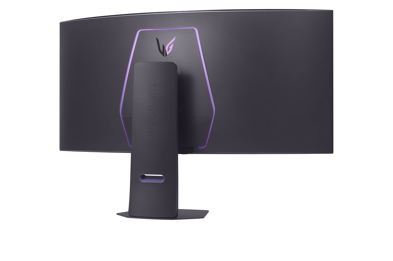 Rückansicht eines gebogenen Monitors. Er ist dunkelgrau mit lila Akzenten. Der Ständer ist mit dem Monitor verbunden, mit dem Ultragear-Logo.