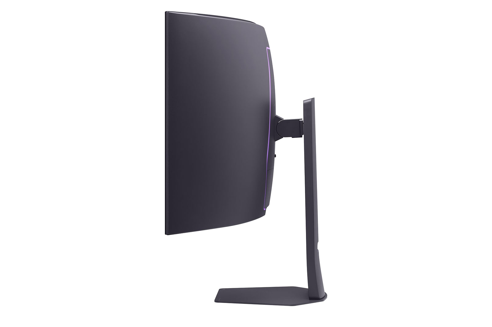Ein gebogener schwarzer Monitor mit Ständer auf weißem Hintergrund. Der Monitor hat einen violetten Lichtumriss.
