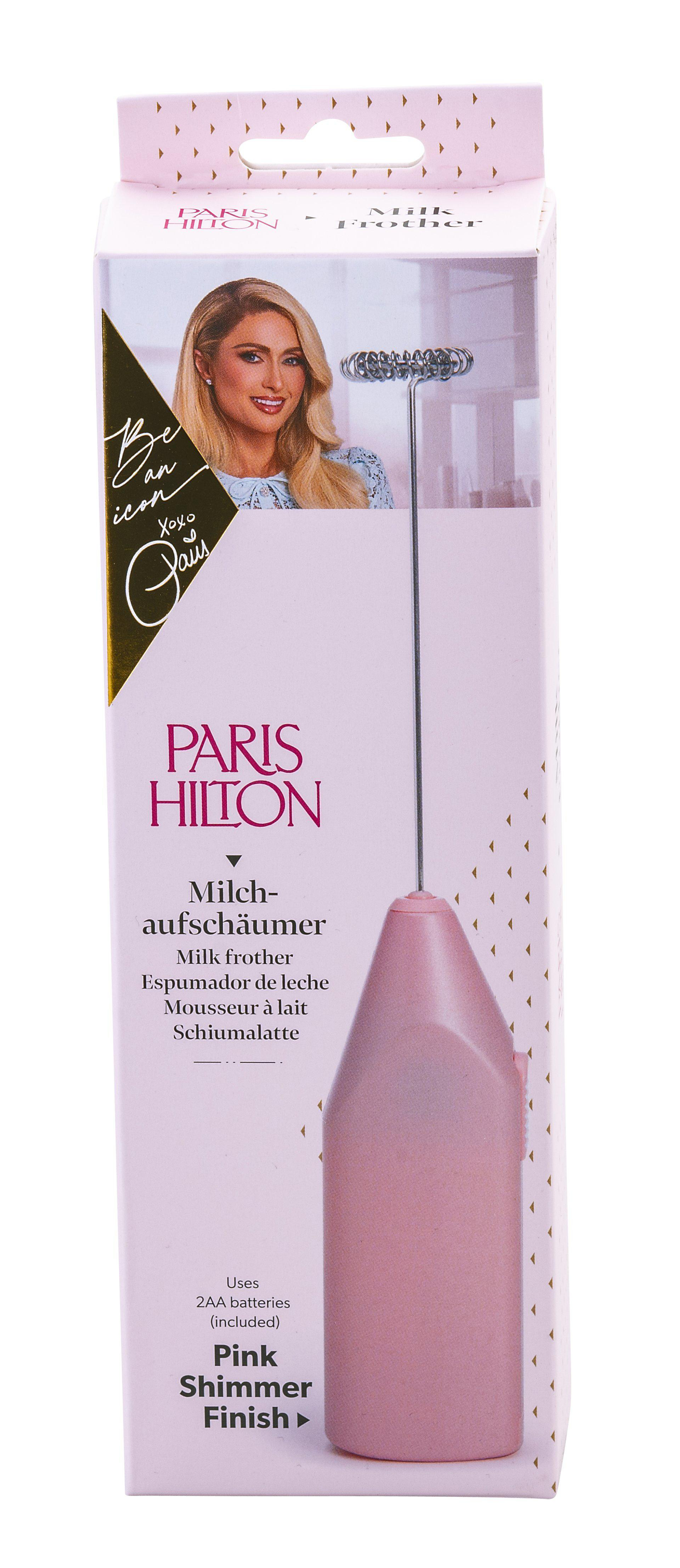 Rosa Schachtel mit Paris Hiltons Bild und einem Milchaufschäumer. Es steht 'Pink Shimmer Finish'. Inklusive 2AA Batterien.