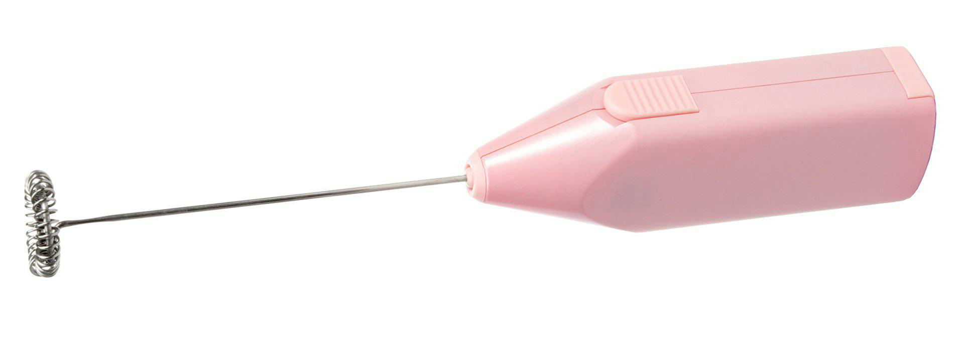 Ein rosa Milchaufschäumer auf weißem Grund. Er hat einen Schneebesen aus Edelstahl und ein rosa Gehäuse.