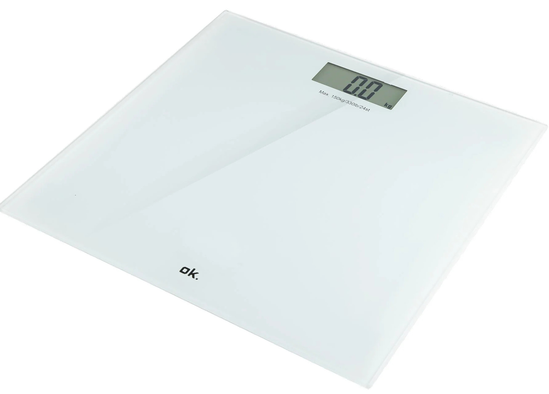 Biała waga łazienkowa pokazuje 0,0 kg. Marka "ok." jest wydrukowana na dole po lewej.