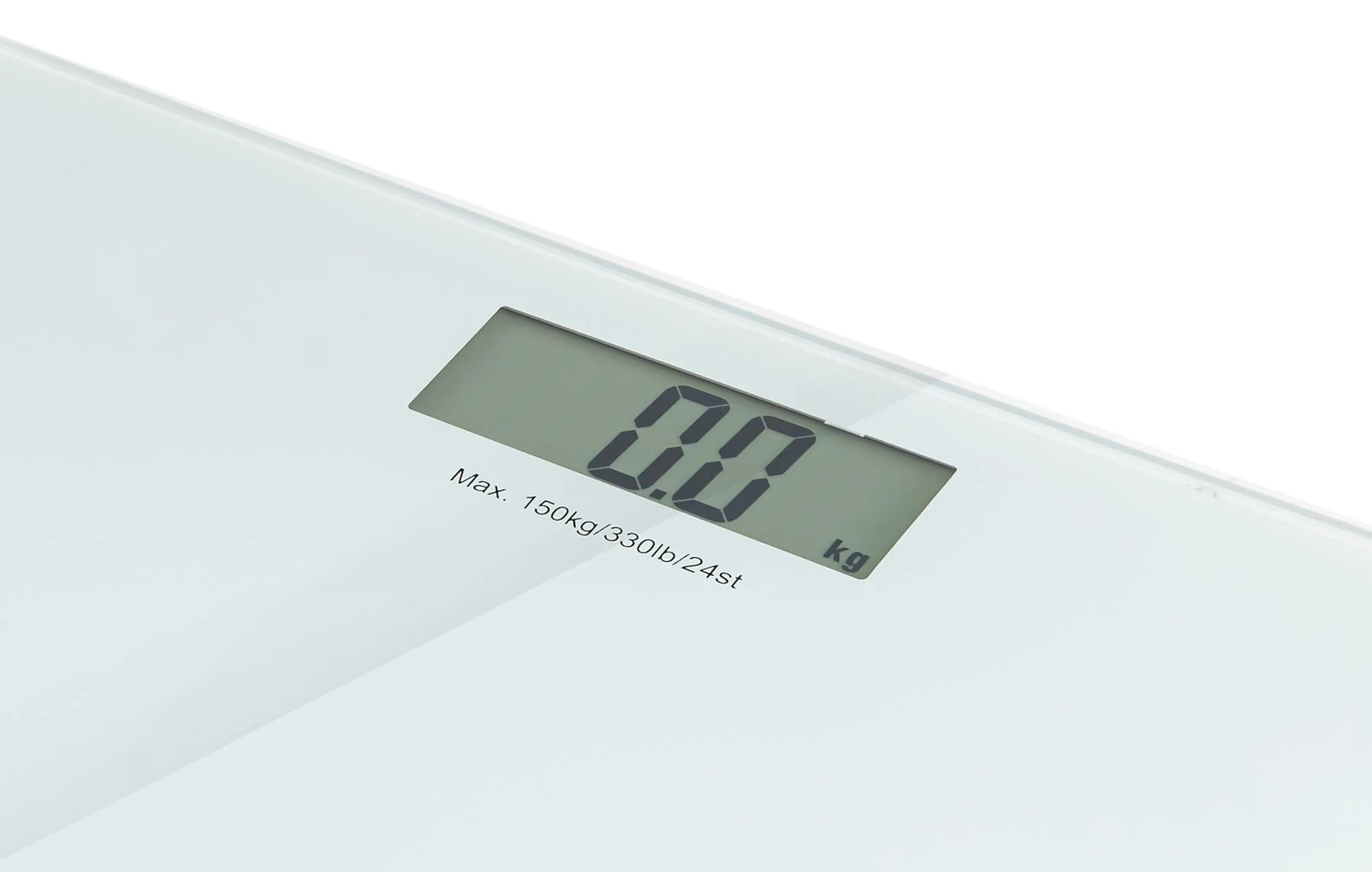 Waga cyfrowa wyświetla 0,0 kg. Waga jest biała z prostokątnym wyświetlaczem. Maksymalna waga to 150kg/330lb/24st.