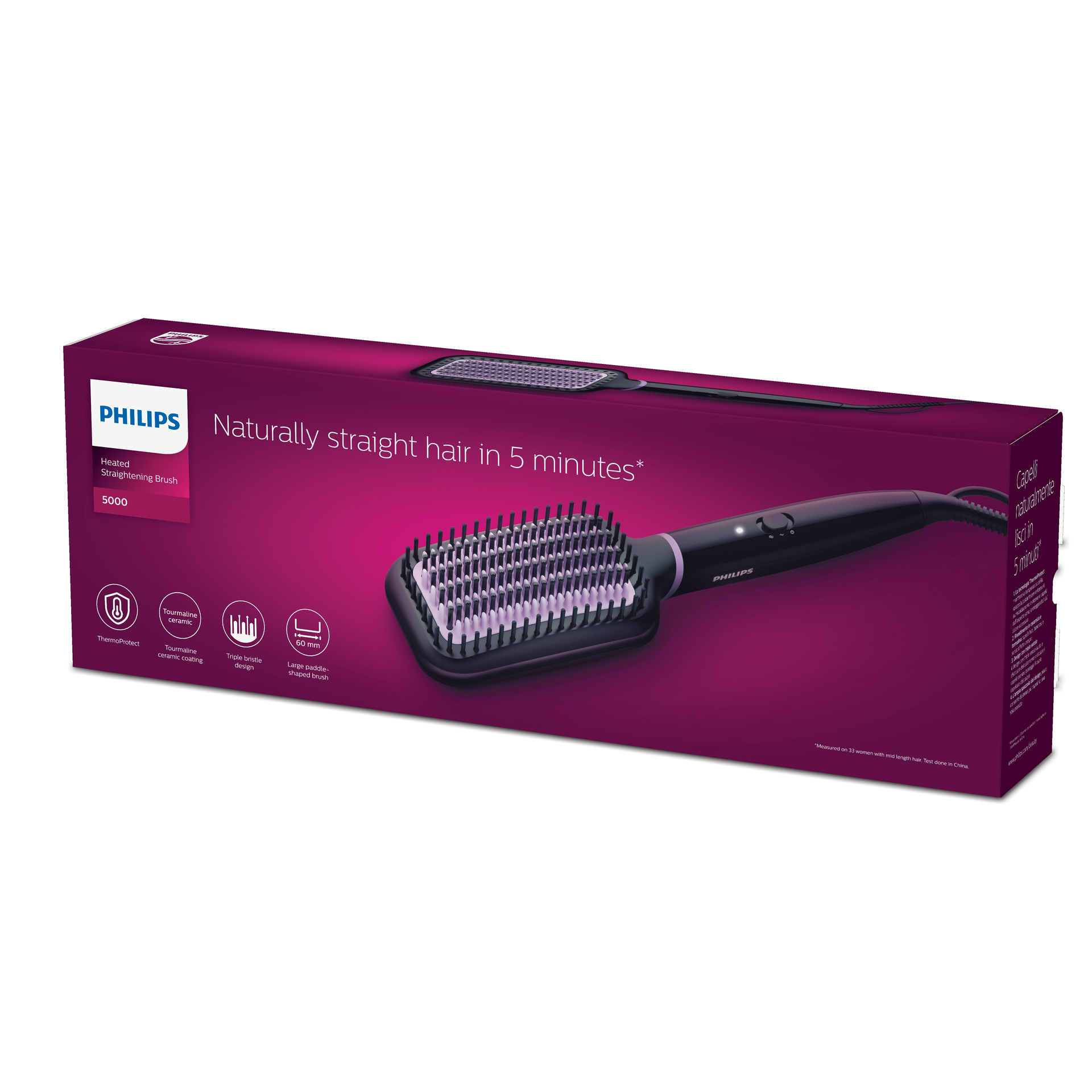Cepillo alisador térmico Philips en caja. Diseño negro y morado. Muestra imagen y características del producto. 'Pelo liso natural en 5 minutos'.