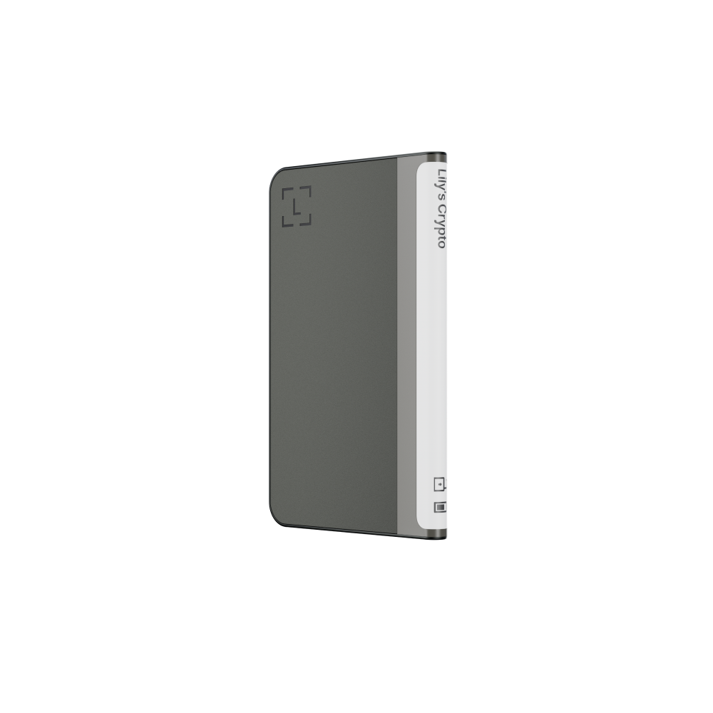 Un dispositivo rectangular gris con el texto "Lily's Crypto" en el lateral. Un icono cuadrado y un icono de carga son visibles.