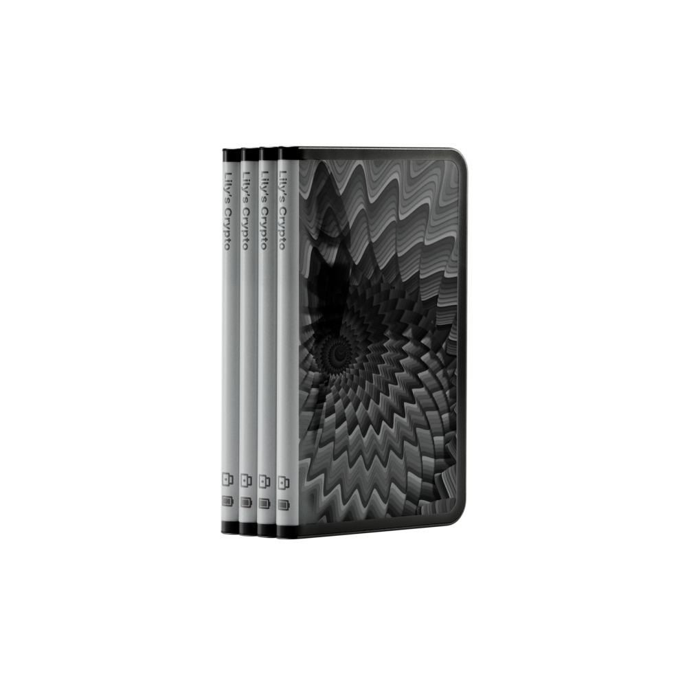 Libros con 'Lily's Crypto' en el lomo. La portada del libro derecho tiene un diseño en espiral en blanco y negro. El fondo es negro.