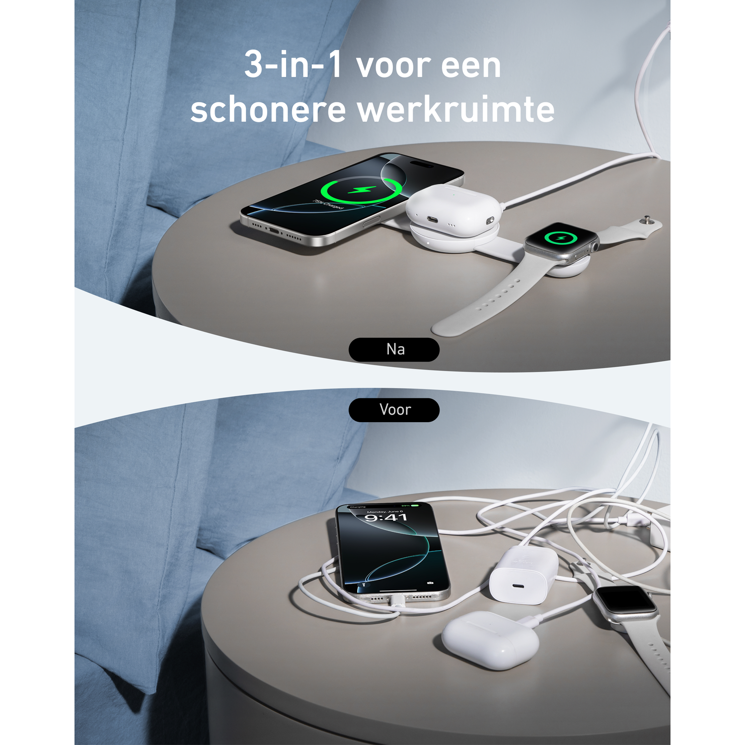 Haut : Téléphone, montre et écouteurs en charge sur une table ronde. Bas : Téléphone, montre, écouteurs et chargeurs sur une table.