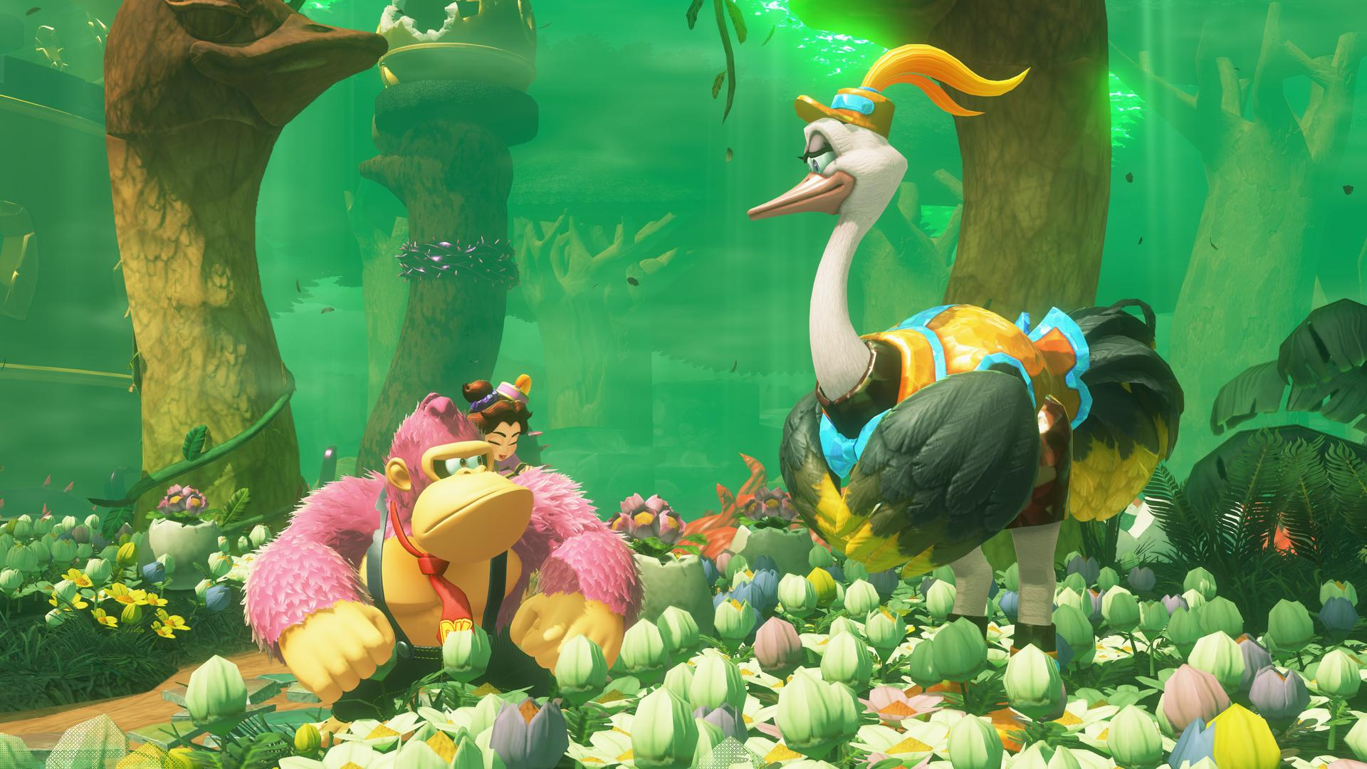 Donkey Kong und eine Frau sitzen in der Nähe eines gekleideten Straußes in einem Blumenfeld, mit grünen Bäumen im Hintergrund.