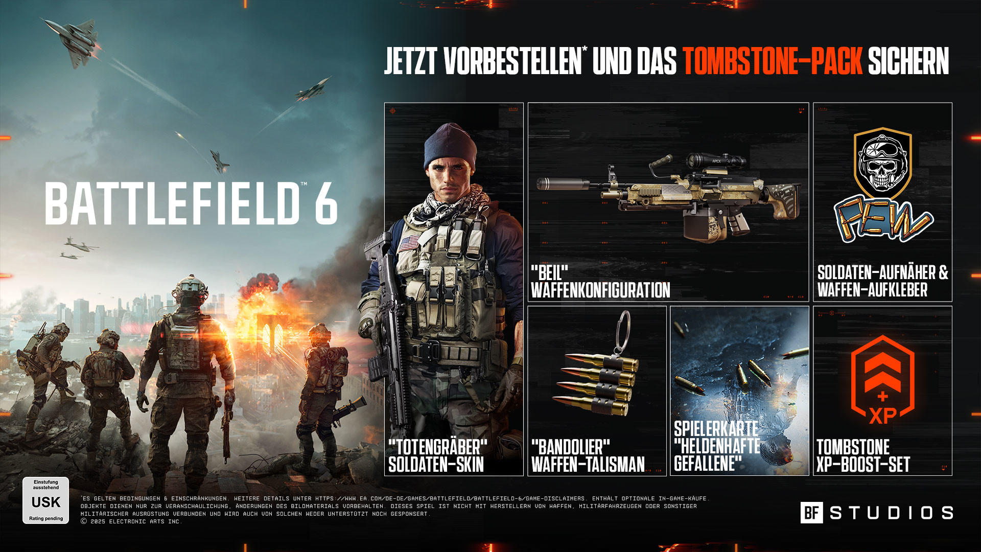 Battlefield 6-Spielwerbung mit Soldaten, Jets und Bonusartikeln wie Waffen-Skins und XP-Boosts.