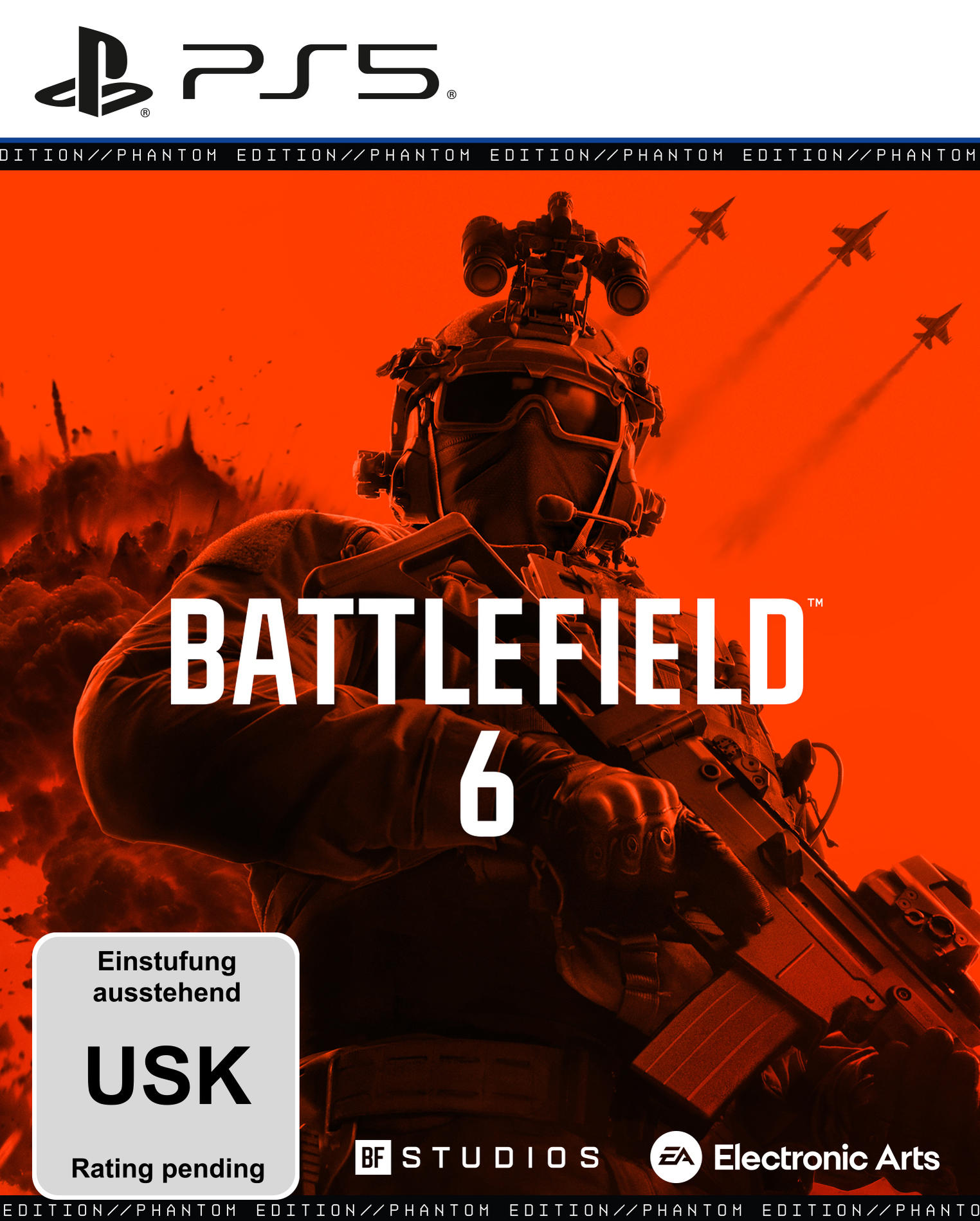 Battlefield 6-Spielcover. Ein Soldat mit einer Waffe vor orangefarbenem Hintergrund mit Kampfflugzeugen.