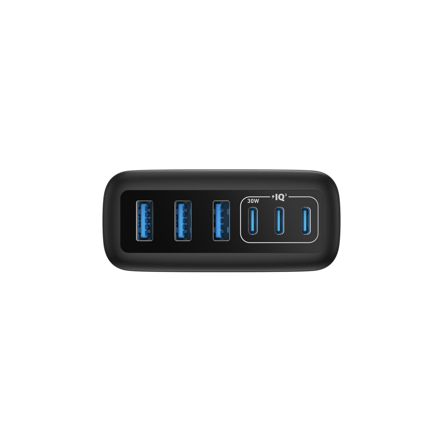 Un hub de chargement USB noir avec plusieurs ports. Le hub comprend des ports USB et un indicateur d'alimentation, le tout sur un fond blanc.