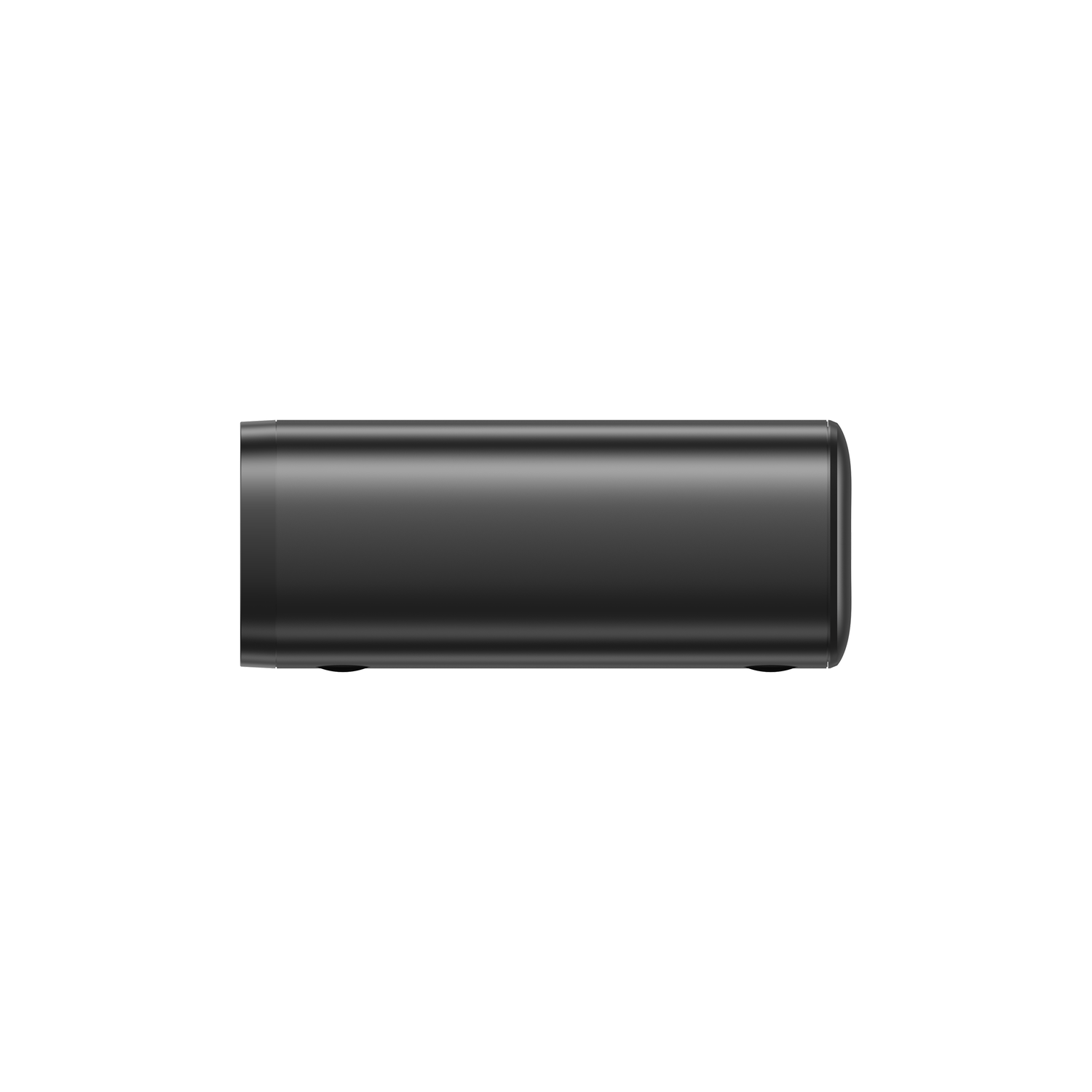 Un appareil rectangulaire, noir et métallique est isolé sur fond blanc. Il a des bords arrondis et semble être un petit gadget électronique.