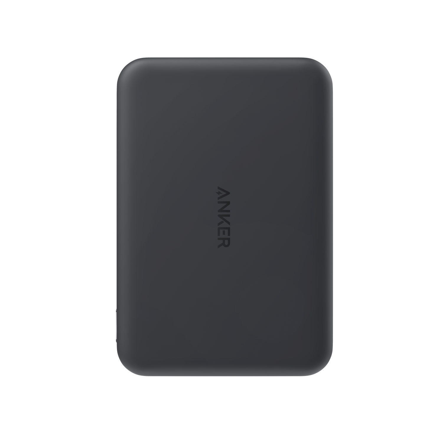 A dark gray Anker power bank on a black background. The brand name 'Anker' is vertically printed on the device.