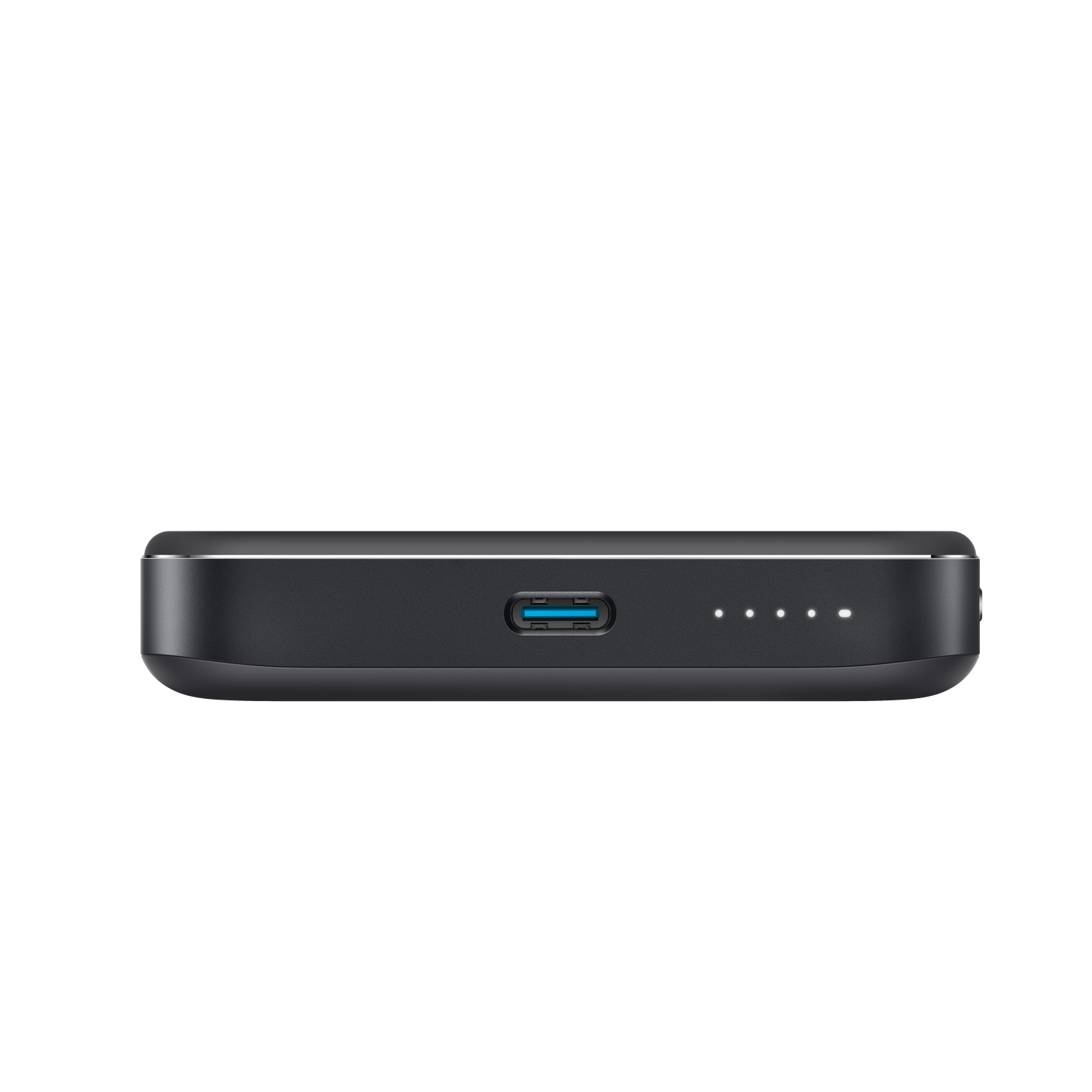 A black, rectangular power bank with a USB port, and four white indicator lights. The background is black.