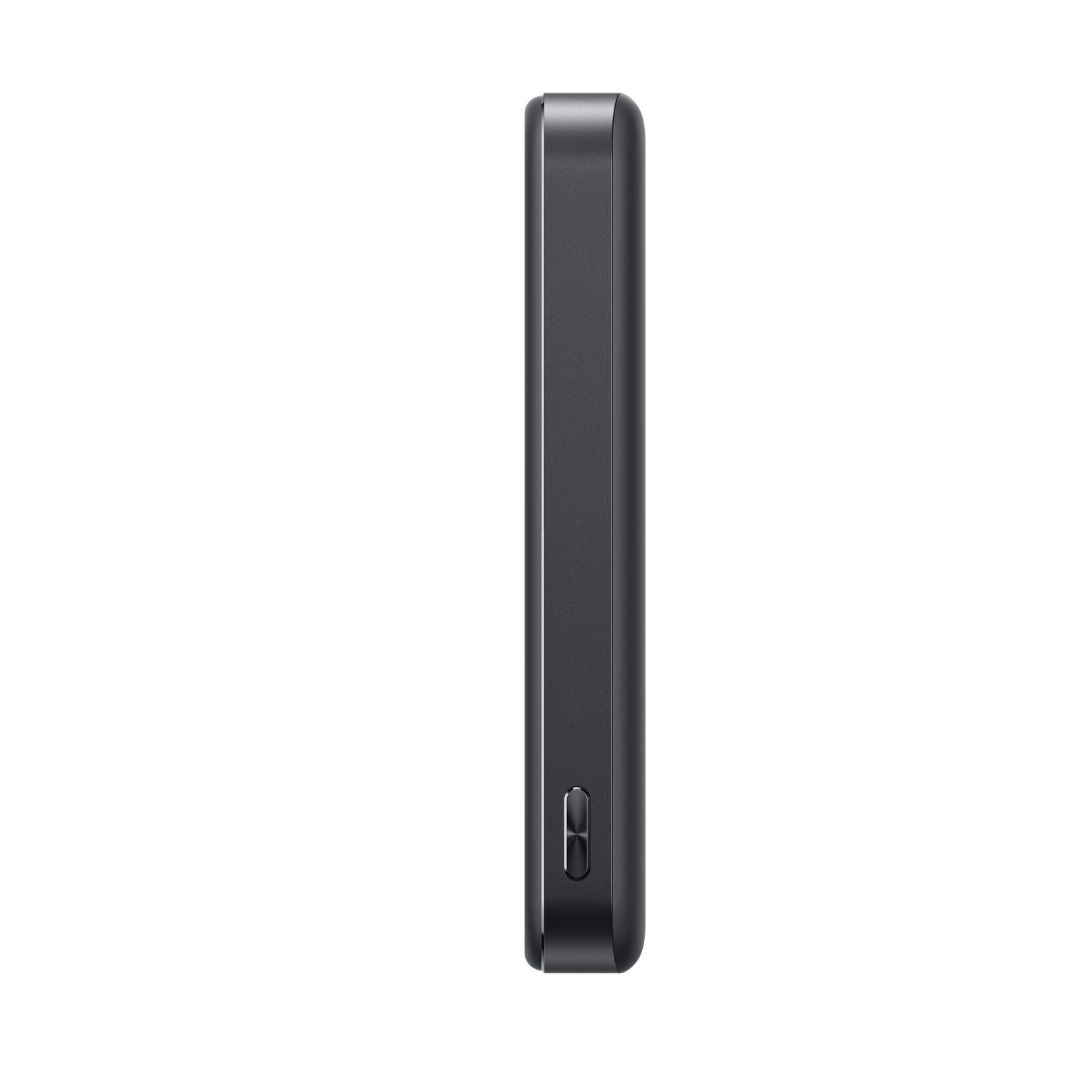 A dark gray rectangular device. The side profile shows a power button and a smooth, metallic finish against a black background.