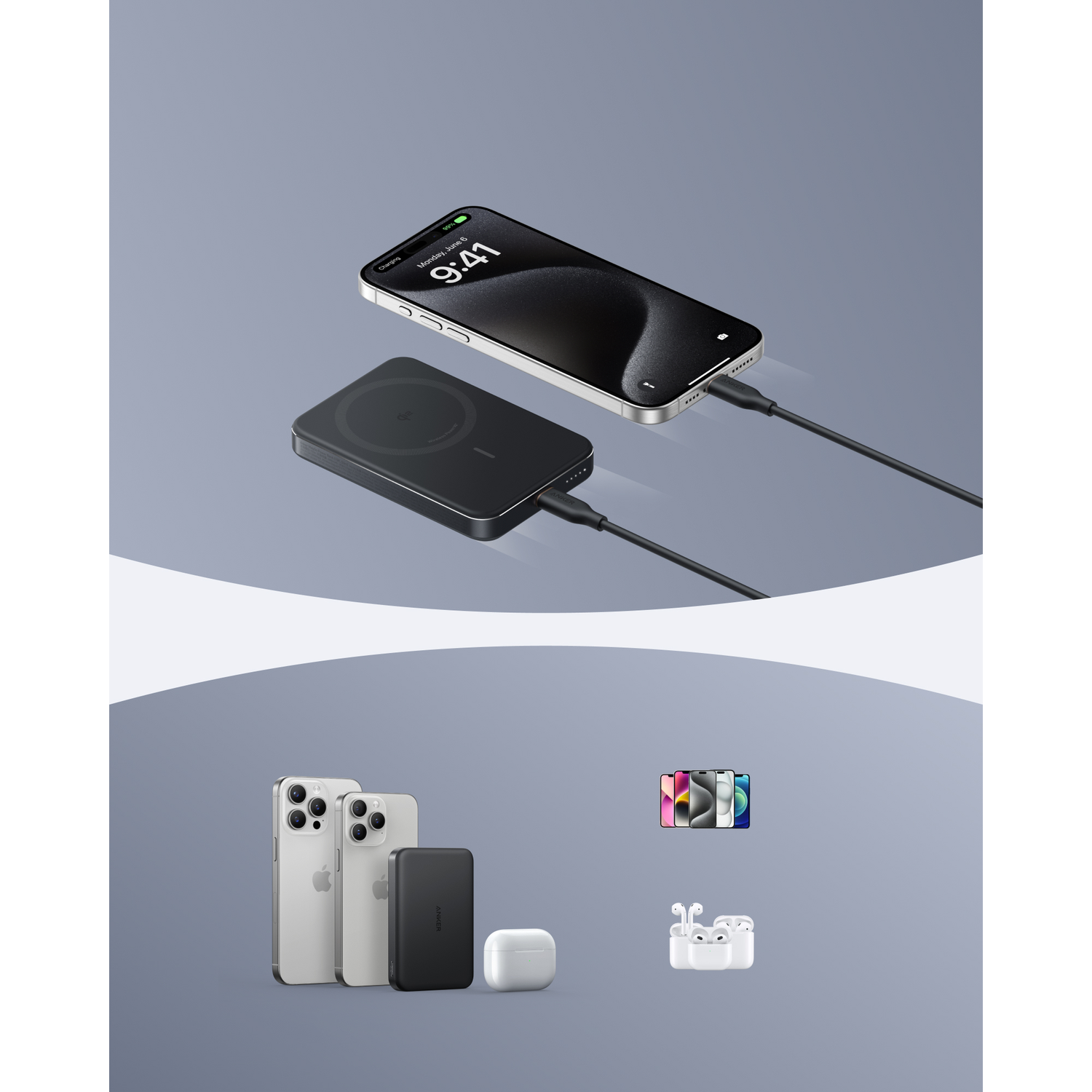 iPhone charging on a black wireless charger. Below are phones, charger, and AirPods. All on a gray background.